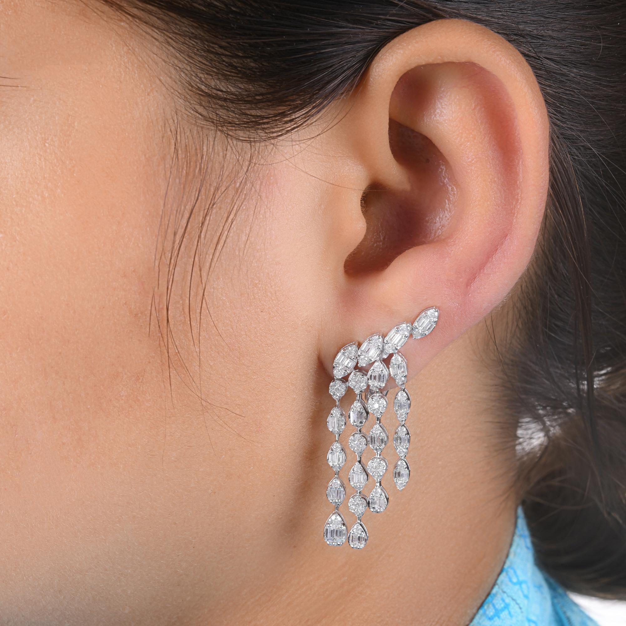 Baguette Cut 2.73 Carat SI/H Baguette Diamond Chandelier Earrings 14 Karat White Gold Jewelry For Sale