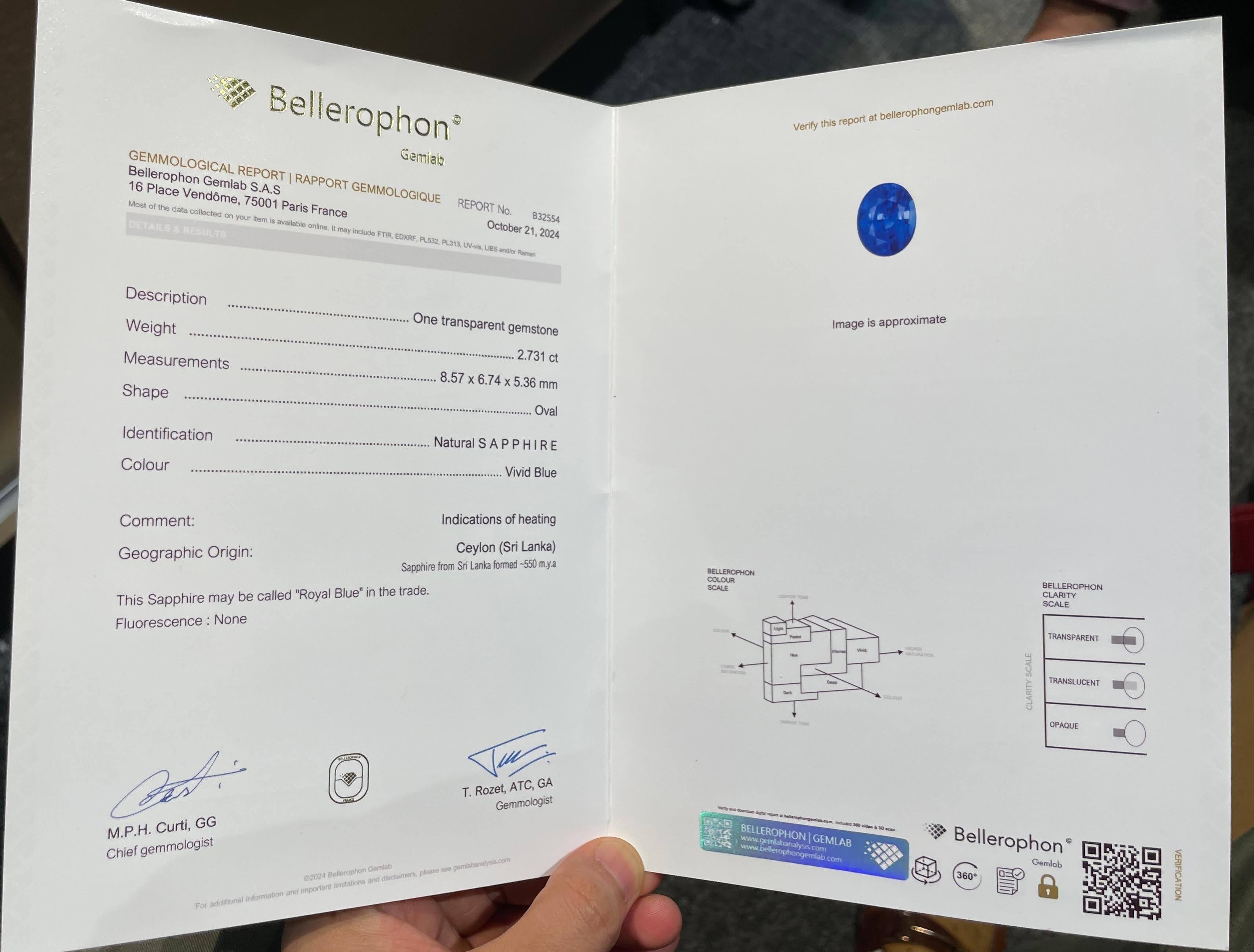 Weight 2.73 carats 
Dimensions 8.57x6.74x5.36 mm
Treatment heated 
Clarity SI
Origin Sri Lanka 
Shape oval 
Cut faceted 


Shop this stunning 2.73 carat vivid blue sapphire for sale, expertly cut in an elegant oval shape. Ethically sourced from Sri