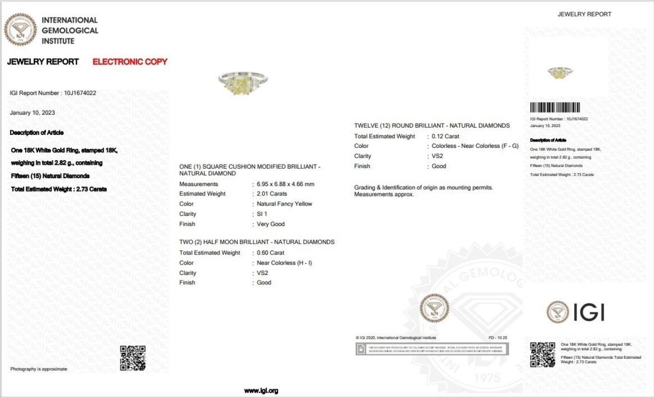 2,73 Gesamtkarat natürlicher Diamant Karat - Weißgold 3 Stein Fancy Color Ring -IGI-zertifiziert (Kissenschliff)
