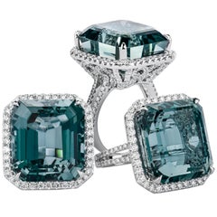27.30 Carat 'GIA' Aquamarine Emerald Cut 2.50 Total Diamond Weight Cocktail Ring