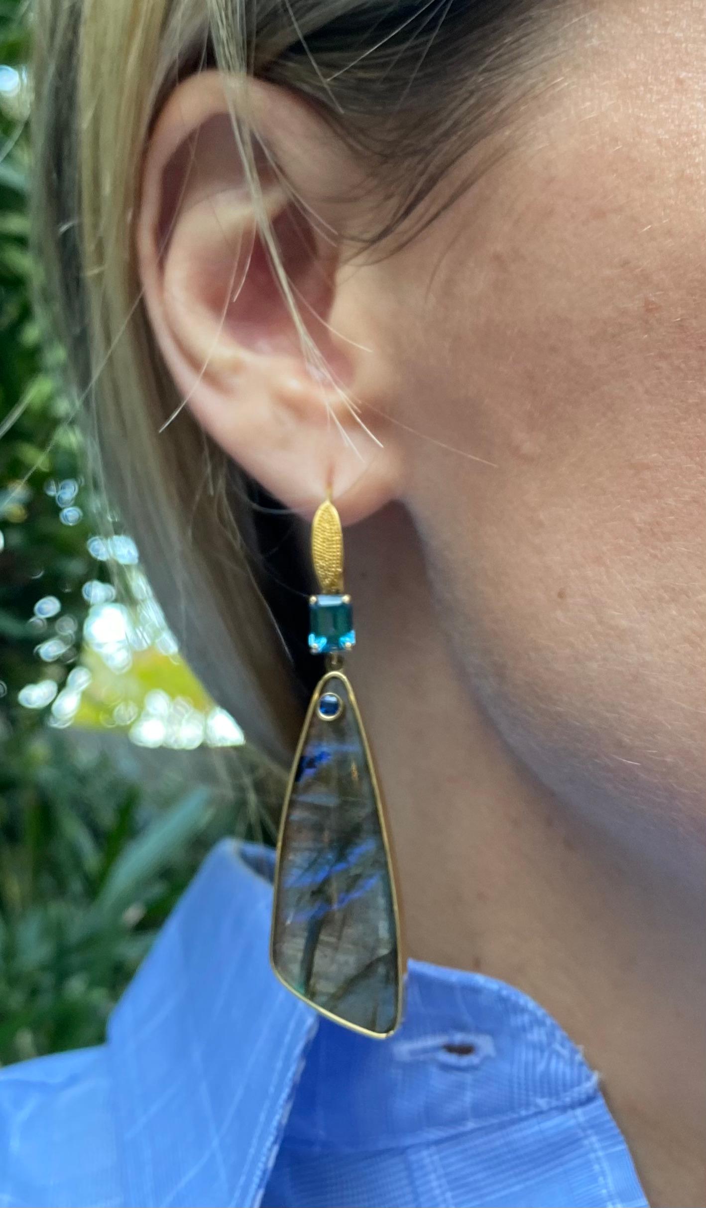 27.32 Carat Labradorite, Sapphire, and London Blue Topaz Earrings 18 Karat Gold In New Condition For Sale In Charleston, SC