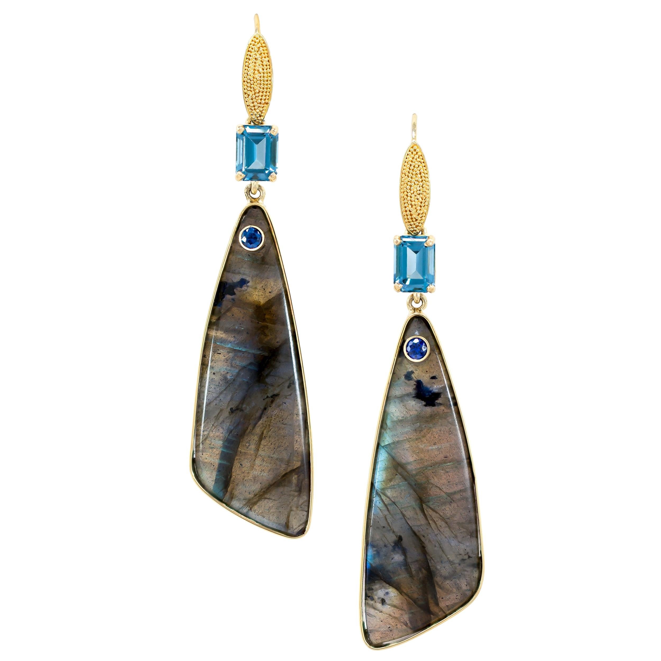 27.32 Carat Labradorite, Sapphire, and London Blue Topaz Earrings 18 Karat Gold For Sale