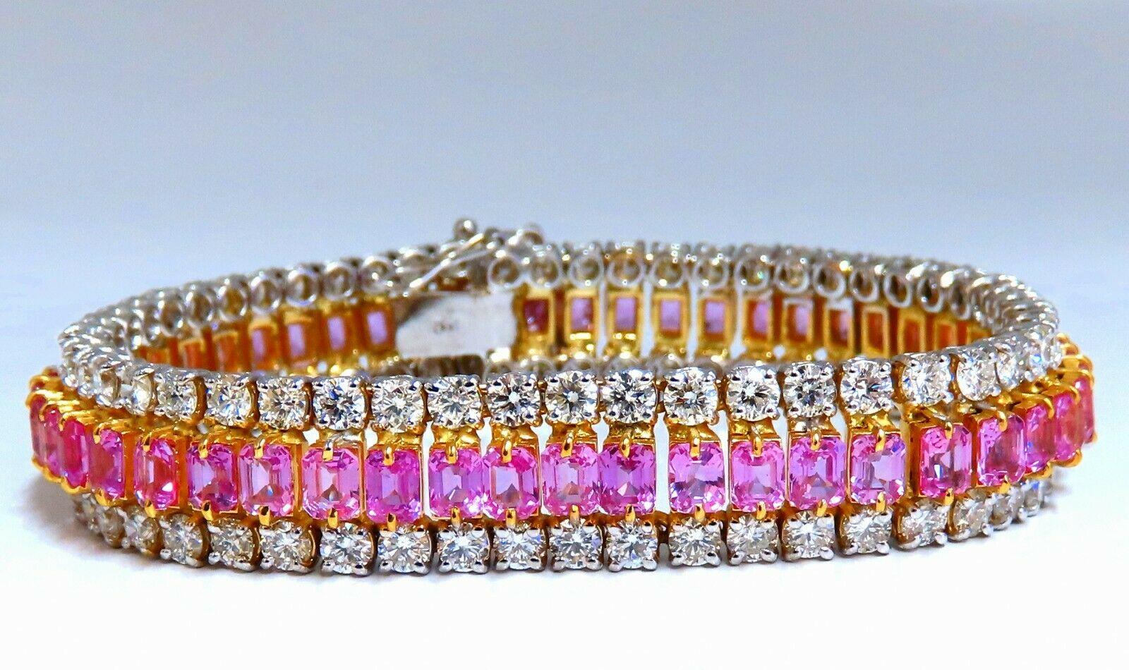 Three Tiered Magnificent.

16.33ct Natural Pink Sapphires bracelet.

Emerald cut, Clean Clarity & Transparent. 

Vivid Pinks and Prime Saturation.

Average each: 4.5 x 3.2mm

54 count

11ct Natural Diamonds.

Full Round cuts, great sparkle.

F/