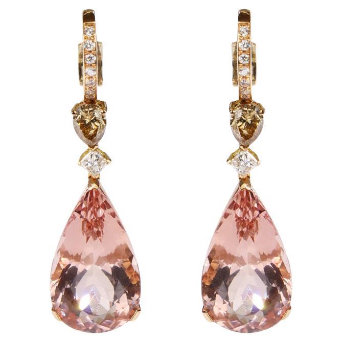 27, 35ct Pink Morganite Brown and White Diamonds Drop Earrings in Rose Gold For Sale
