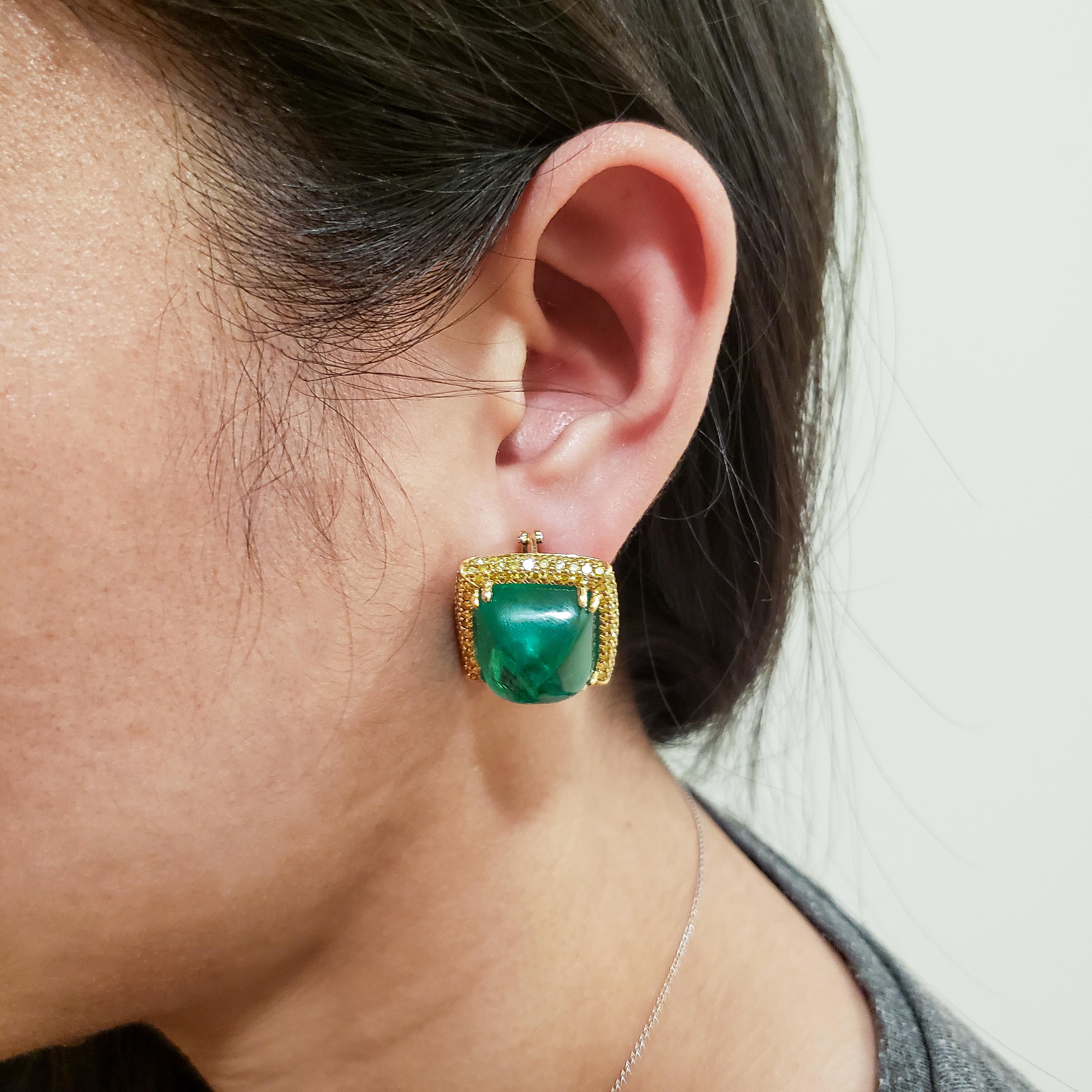 Contemporary 27.38 Carat Sugarloaf Cabochon Emerald and Yellow Diamond Earrings For Sale