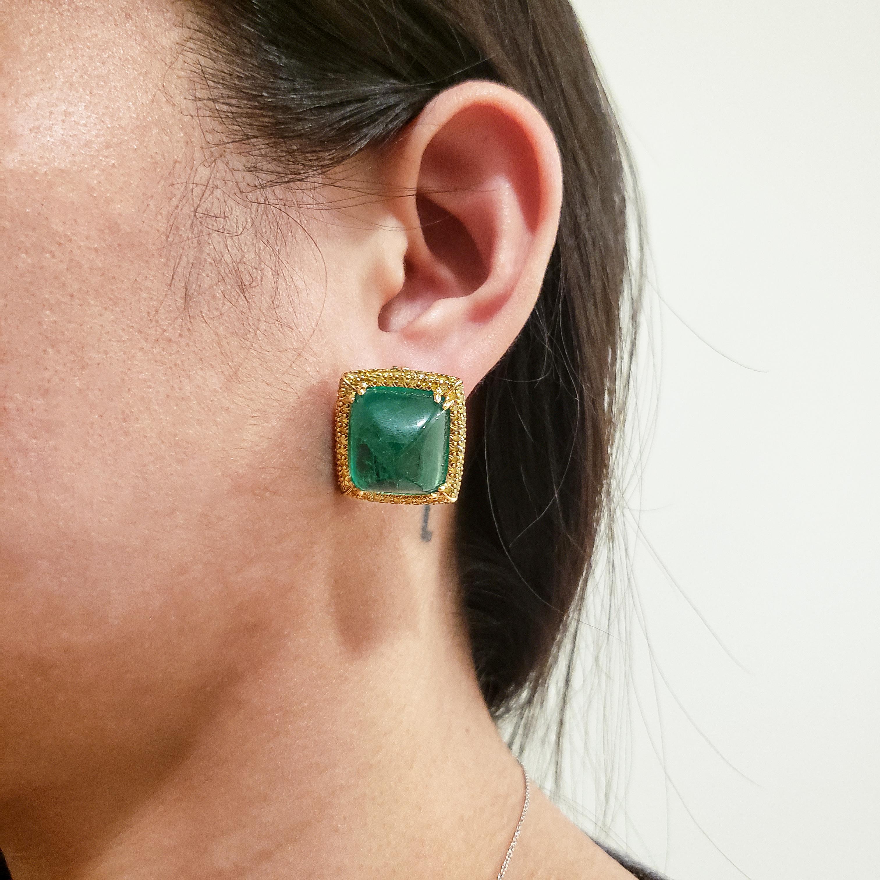 27.38 Carat Sugarloaf Cabochon Emerald and Yellow Diamond Earrings In New Condition For Sale In New York, NY