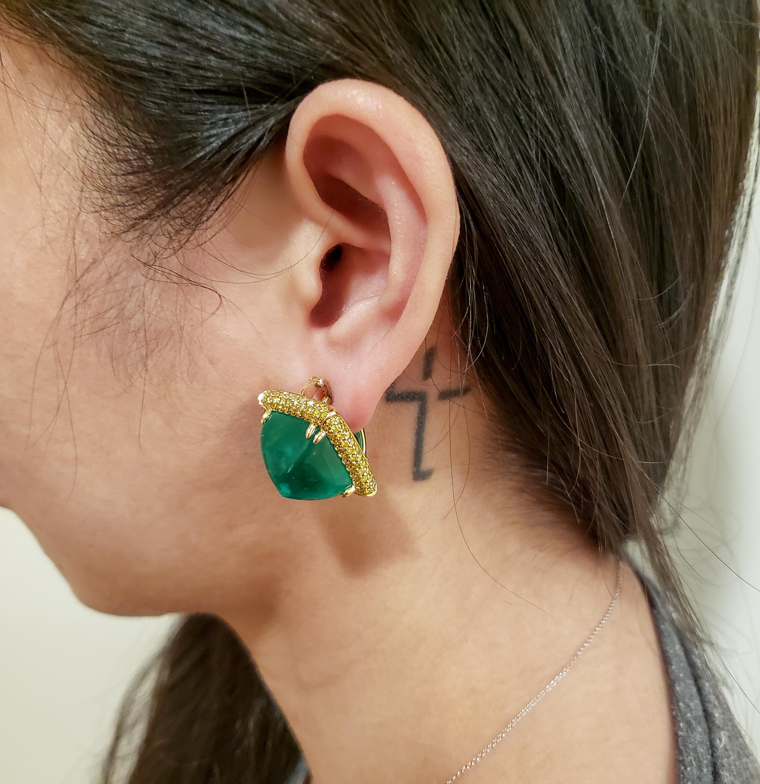 Women's 27.38 Carat Sugarloaf Cabochon Emerald and Yellow Diamond Earrings For Sale