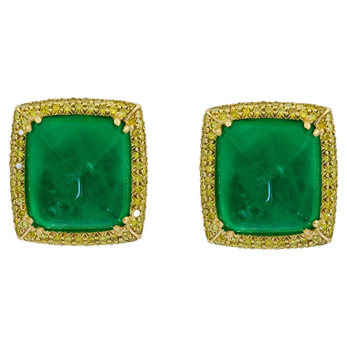 27.38 Carat Sugarloaf Cabochon Emerald and Yellow Diamond Earrings