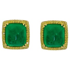27.38 Carat Sugarloaf Cabochon Emerald and Yellow Diamond Earrings