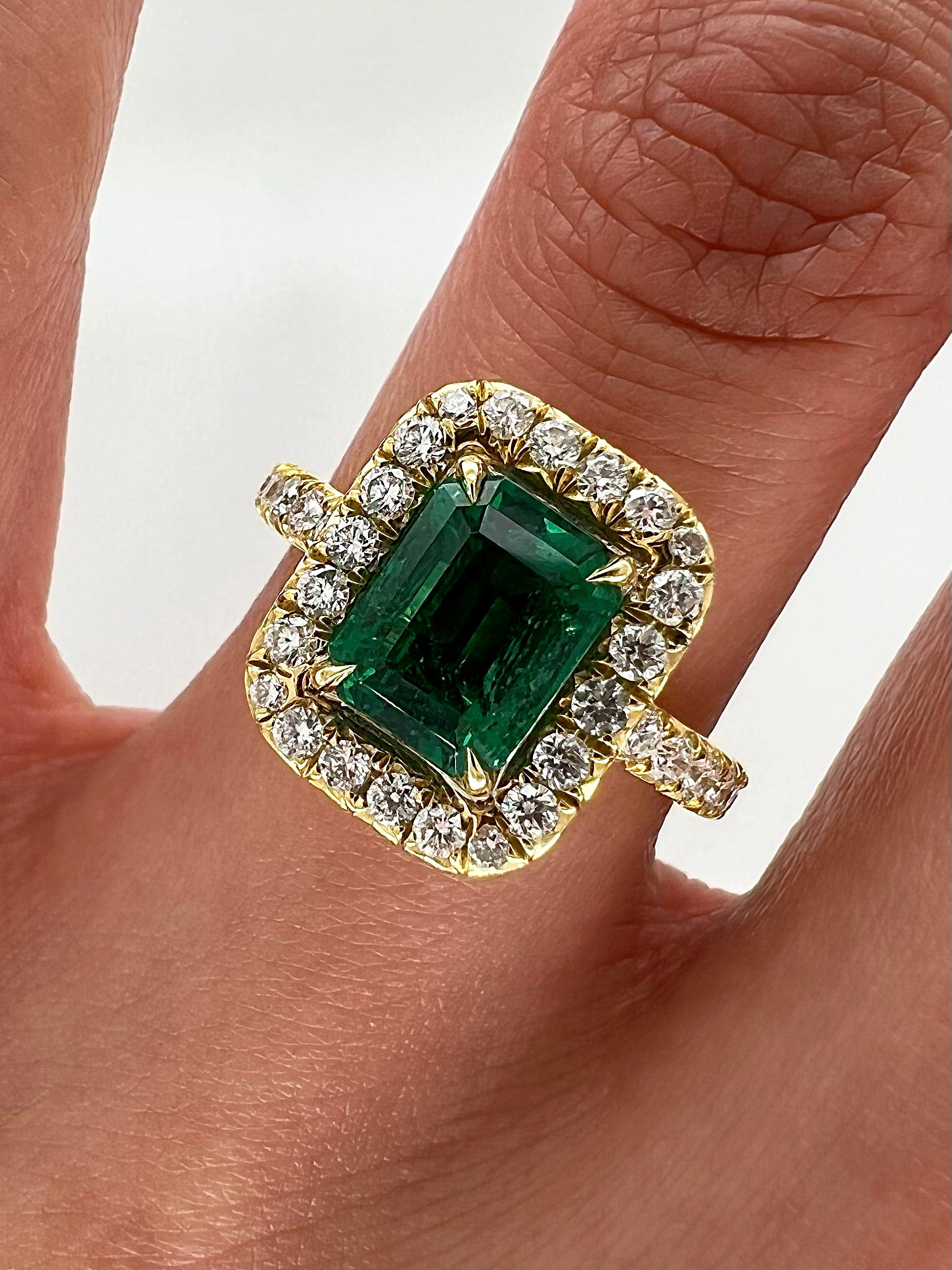 Women's or Men's 2.73 Total Carat Emerald and Diamond Halo Ladies Engagement Ring GIA For Sale