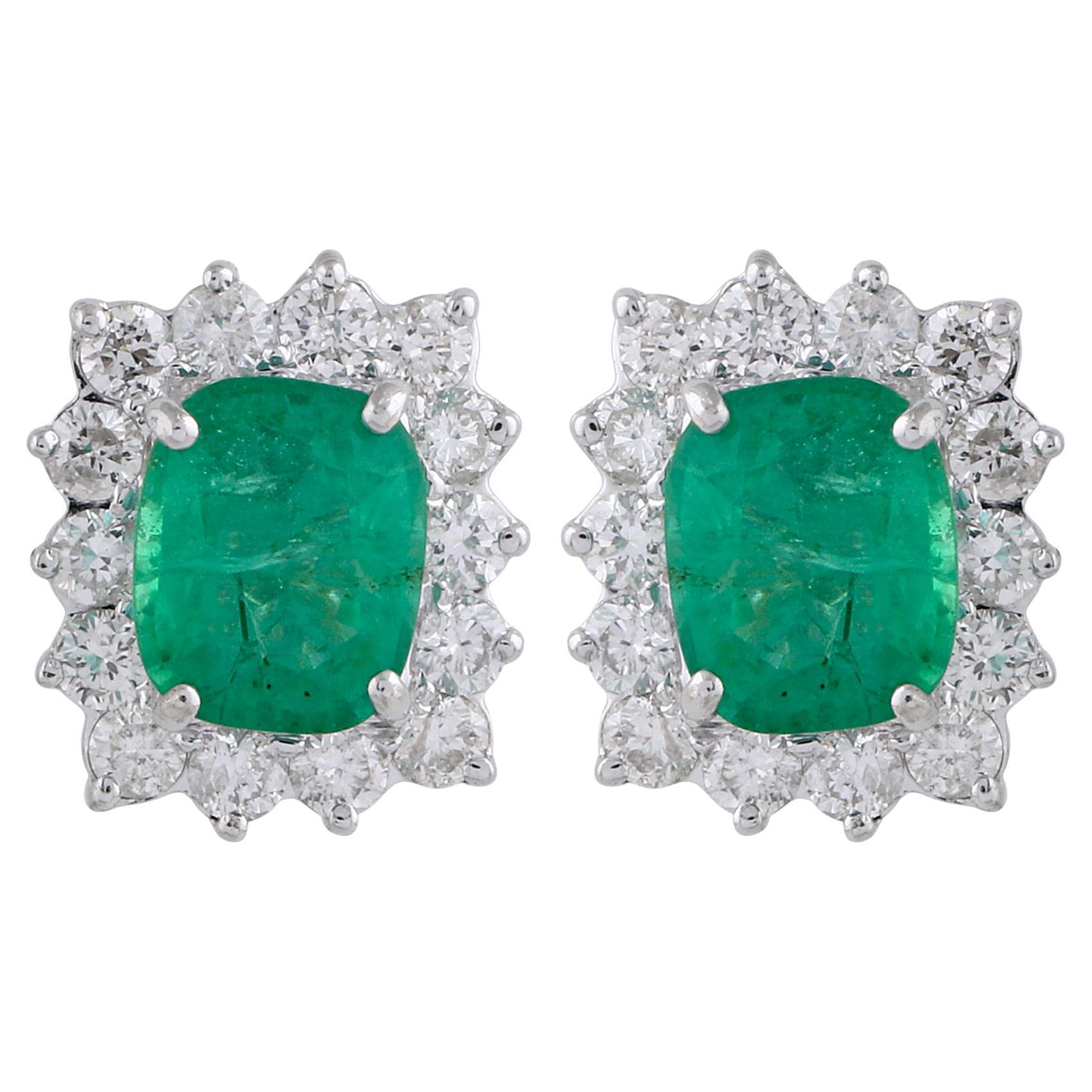 2.73ct Cushion Zambian Emerald 1.20ct Diamond Halo Stud Earrings 18k White Gold