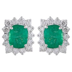 2.73ct Cushion Zambian Emerald 1.20ct Diamond Halo Stud Earrings 18k White Gold