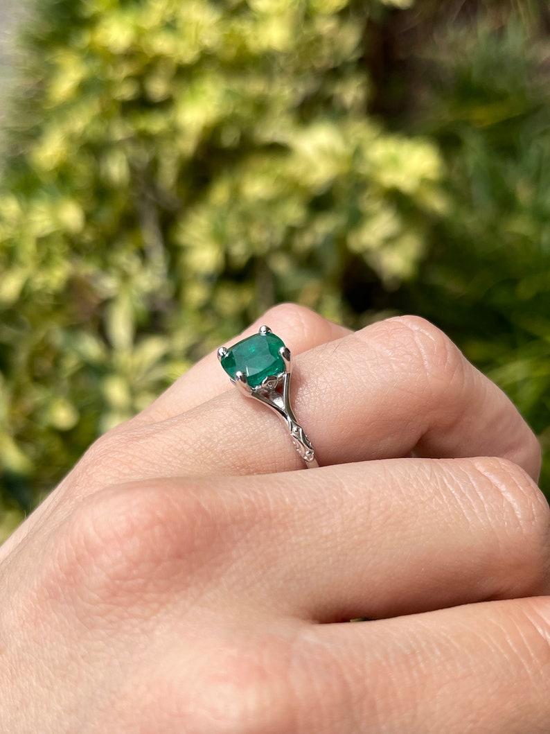 2.73ct Platinum Cushion Cut Emerald Ring - Dark Green Floral Solitaire Design In New Condition For Sale In Jupiter, FL