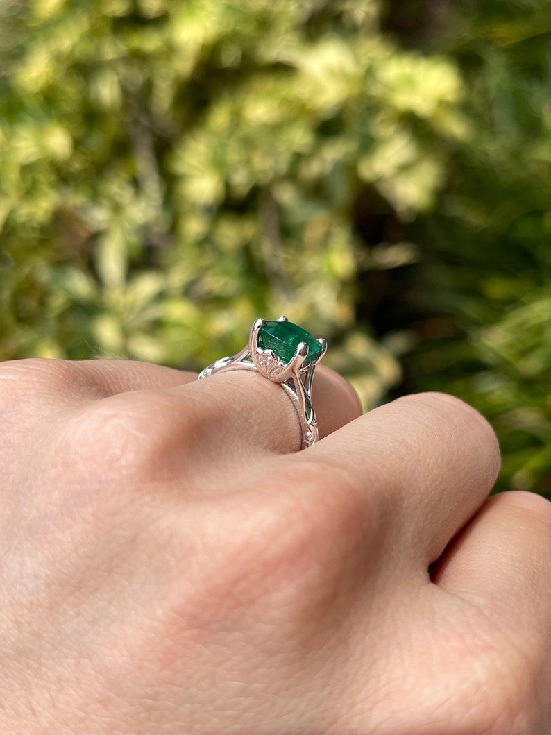 Men's 2.73ct Platinum Cushion Cut Emerald Ring - Dark Green Floral Solitaire Design For Sale
