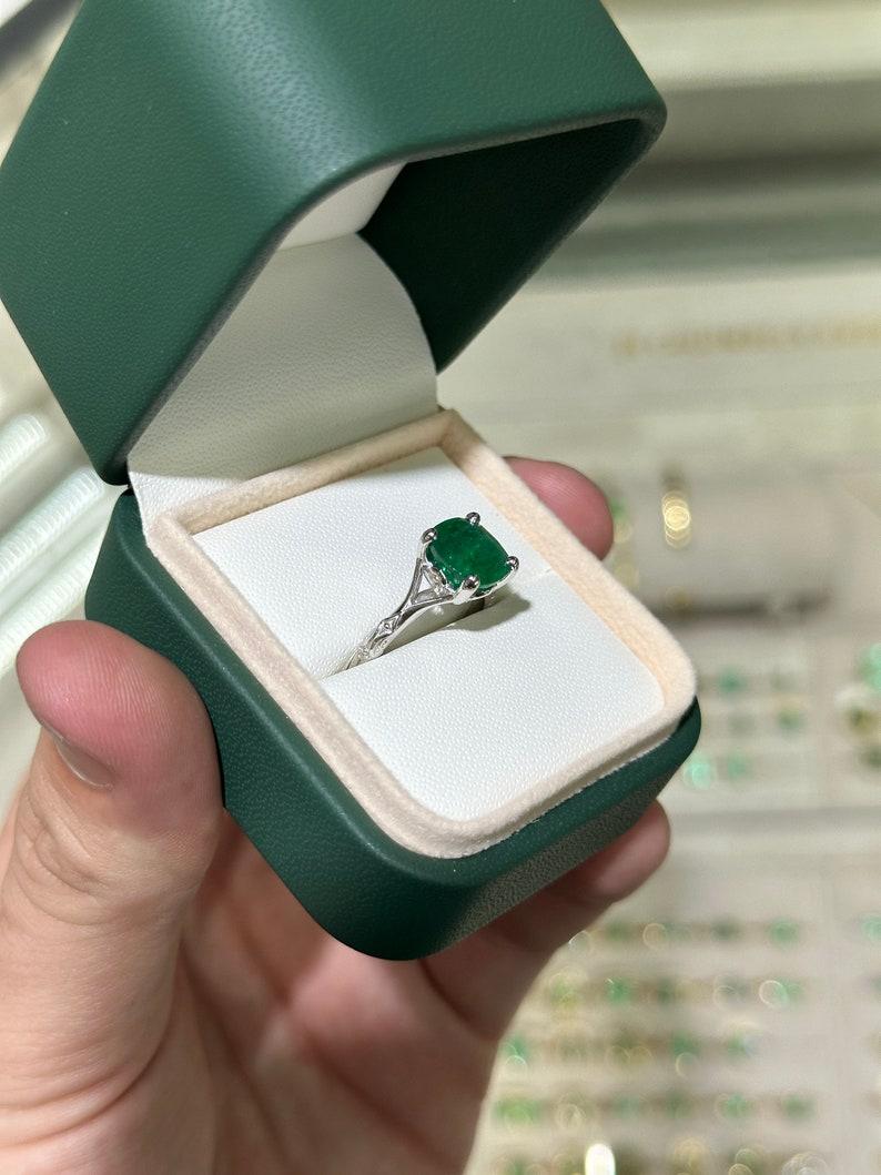 2.73ct Platinum Cushion Cut Emerald Ring - Dark Green Floral Solitaire Design For Sale 2