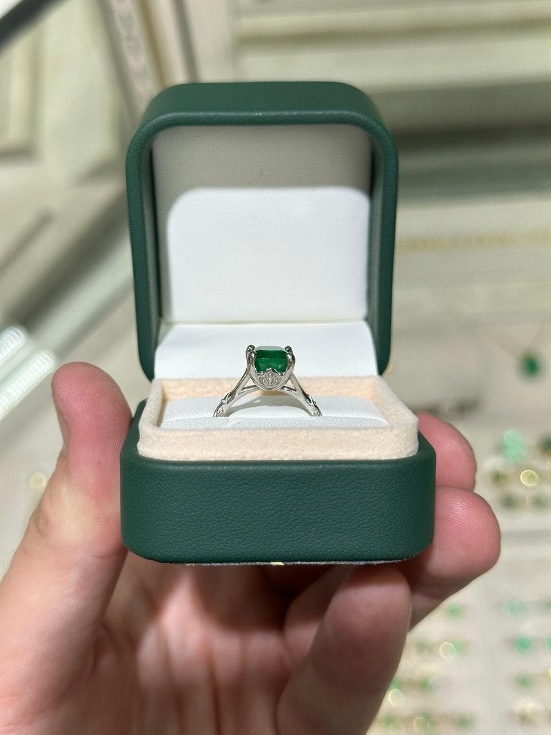 2.73ct Platinum Cushion Cut Emerald Ring - Dark Green Floral Solitaire Design For Sale 3