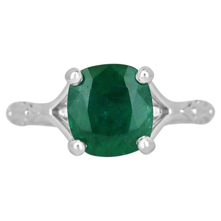 2.73ct Platinum Cushion Cut Emerald Ring - Dark Green Floral Solitaire Design For Sale