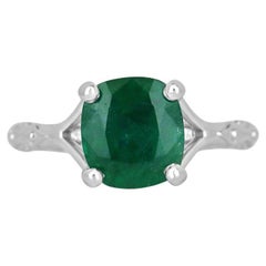 2.73ct Platinum Cushion Cut Emerald Ring - Dark Green Floral Solitaire Design