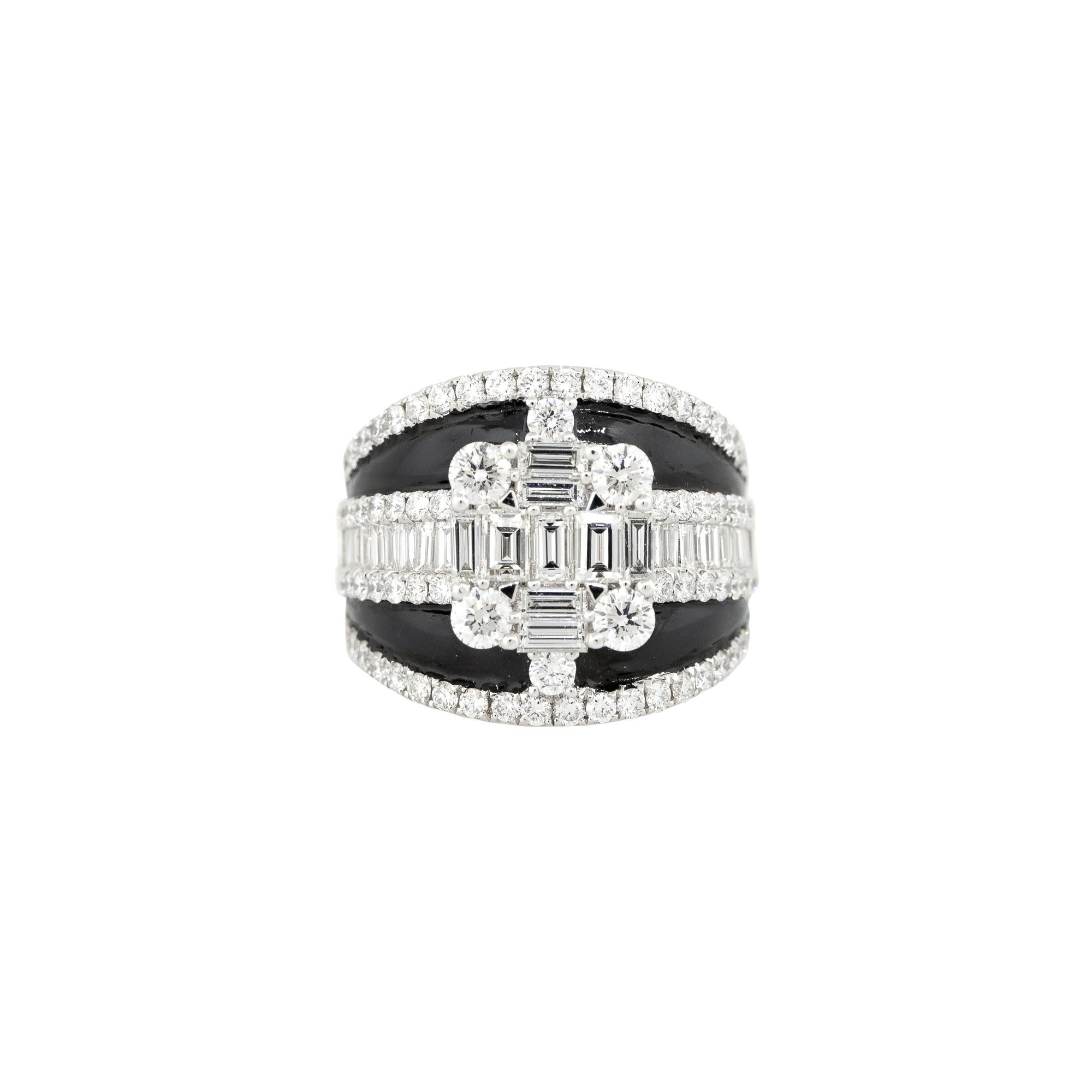 18k White Gold 2.74ctw Diamond and Black Enamel Mosaic Band
Style: Women's Diamond Enamel Ring
Material: 18k White Gold, Enamel
Main Diamond Details: Approximately 2.74ctw of Mosaic set, Baguette and Round Brilliant Cut Diamonds. There are 108