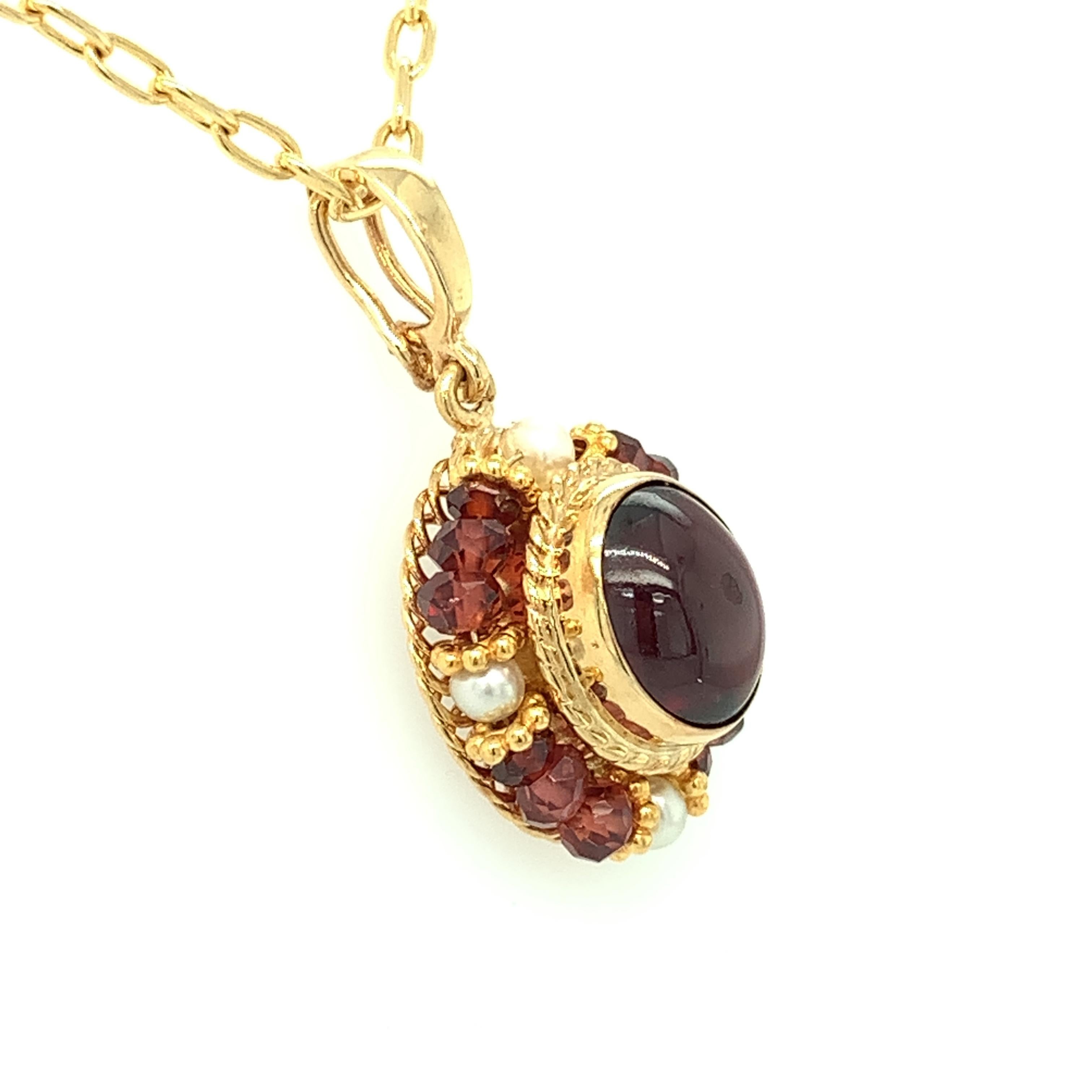 Artisan 2.74 Carat Garnet Cabochon, Garnet Bead and Seed Pearl Filigree Necklace For Sale