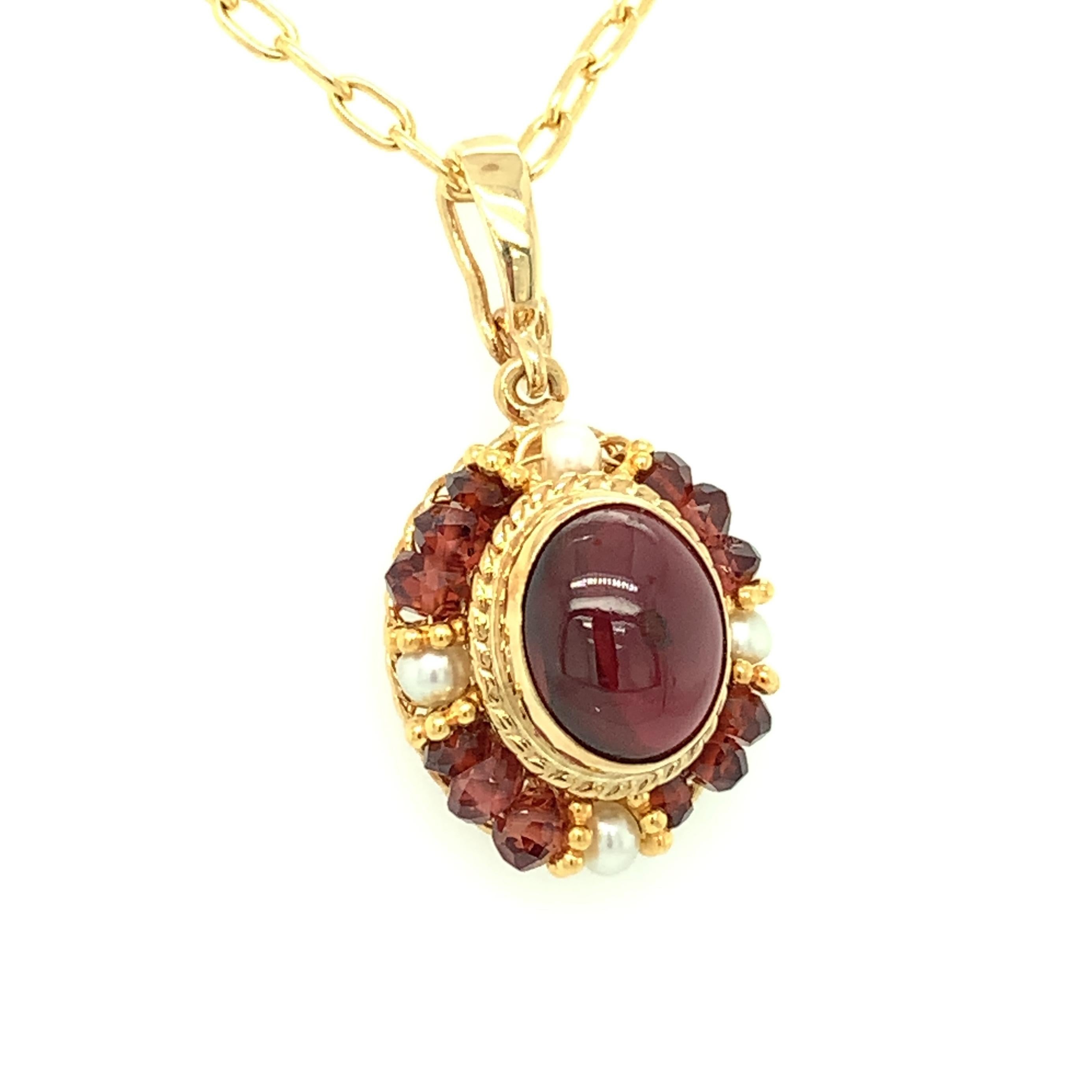 2.74 Carat Garnet Cabochon, Garnet Bead and Seed Pearl Filigree Necklace In New Condition For Sale In Los Angeles, CA