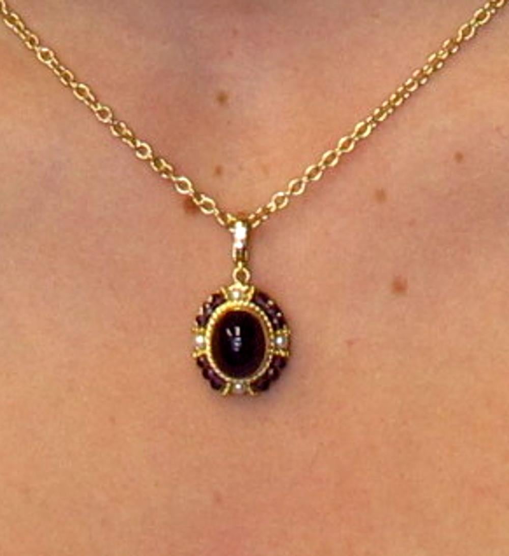 Women's 2.74 Carat Garnet Cabochon, Garnet Bead and Seed Pearl Filigree Necklace For Sale