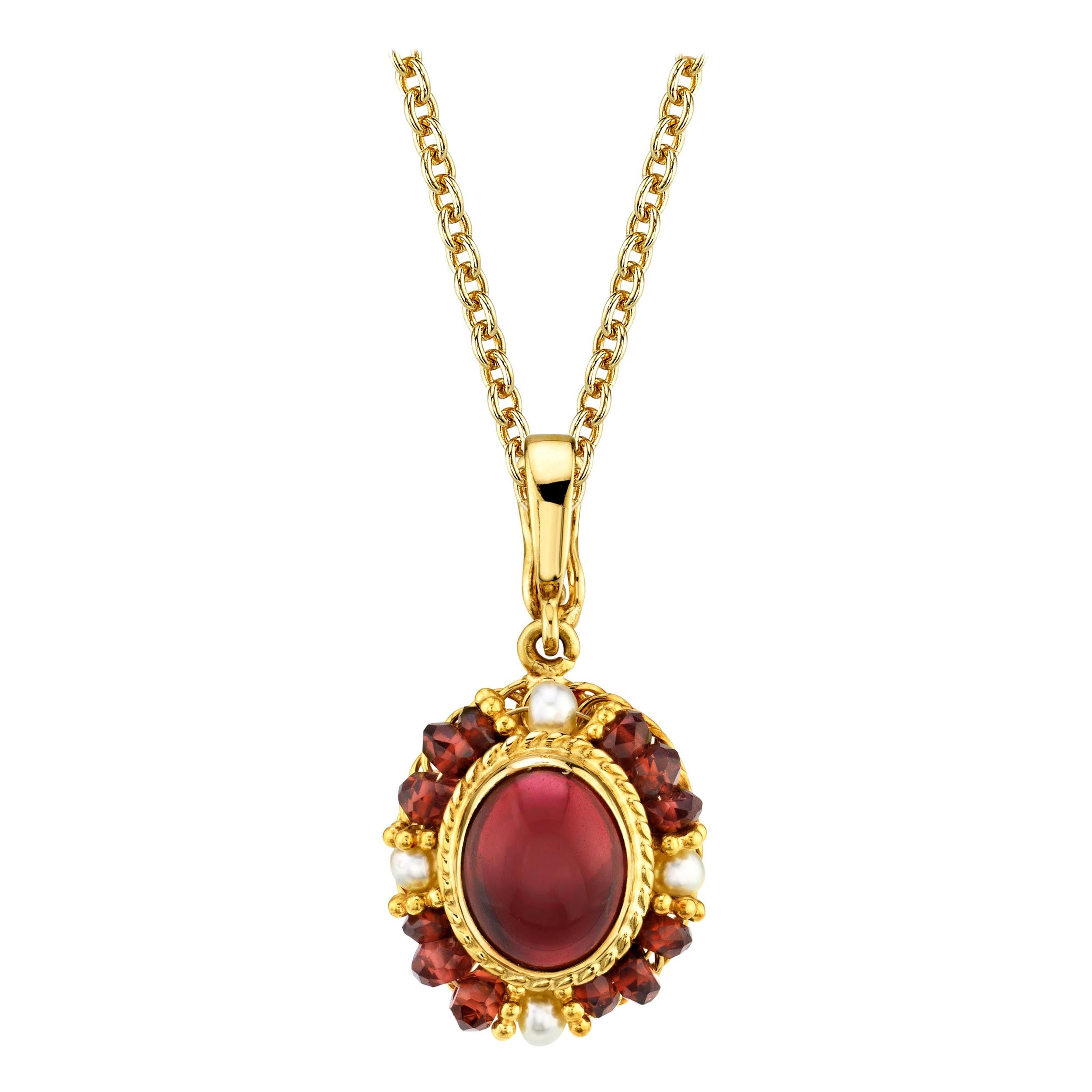 2.74 Carat Garnet Cabochon, Garnet Bead and Seed Pearl Filigree Necklace For Sale