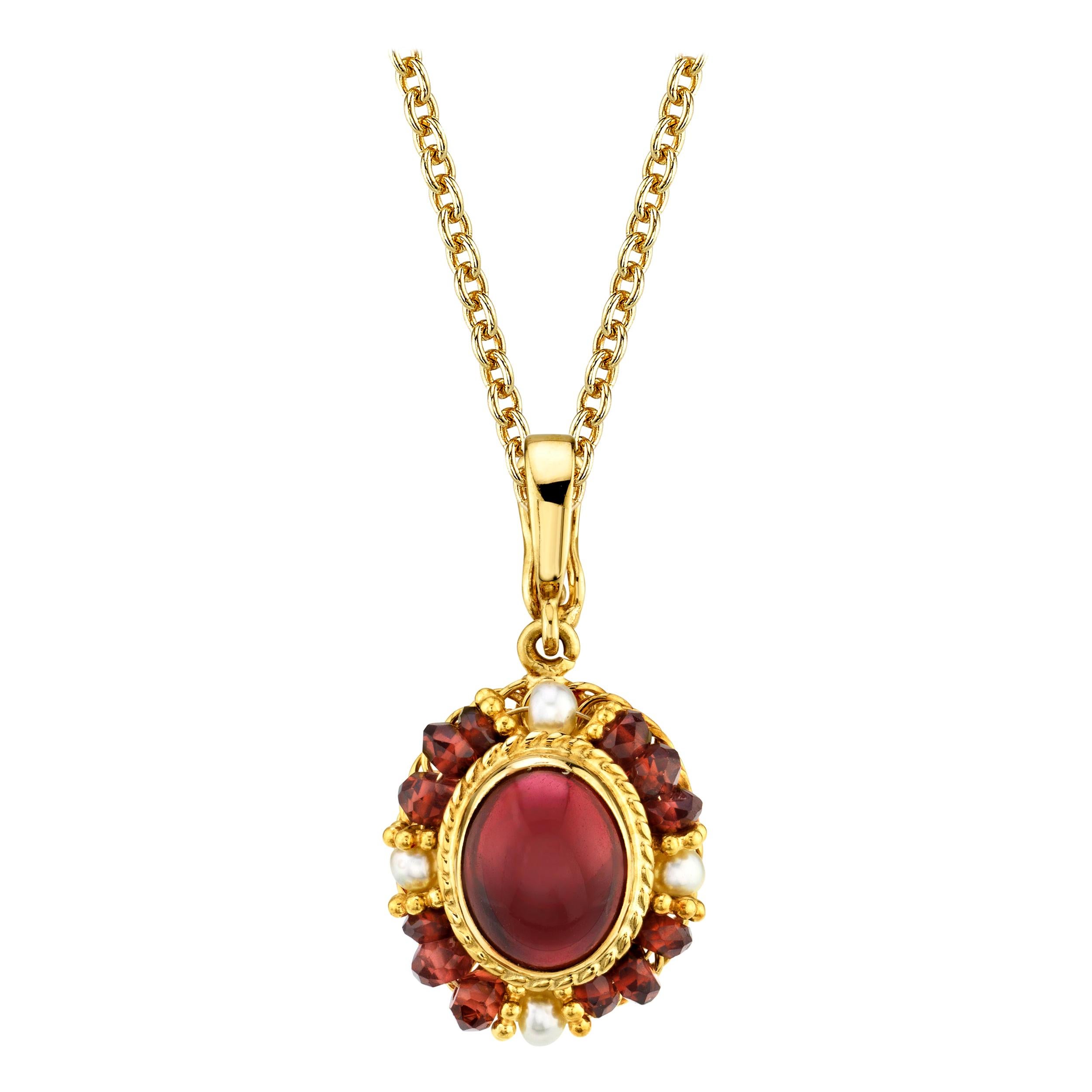 2.74 Carat Garnet Cabochon, Garnet Bead and Seed Pearl Filigree Necklace