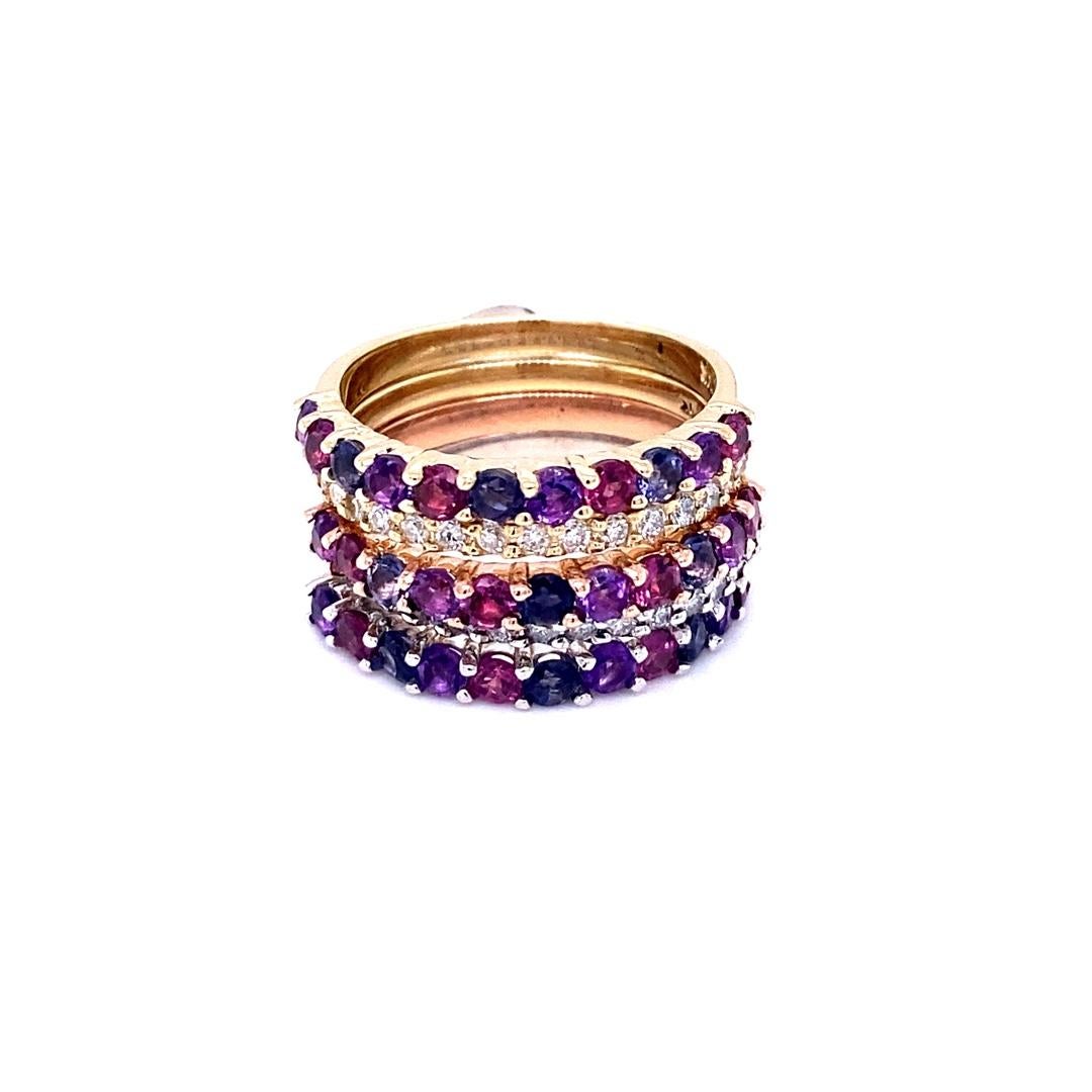 Round Cut 2.74 Carat Gemstone and Diamond Gold Stackable Bands For Sale