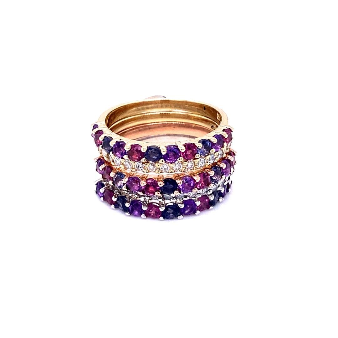 Contemporary 2.74 Carat Gemstone and Diamond Gold Stackable Bands For Sale