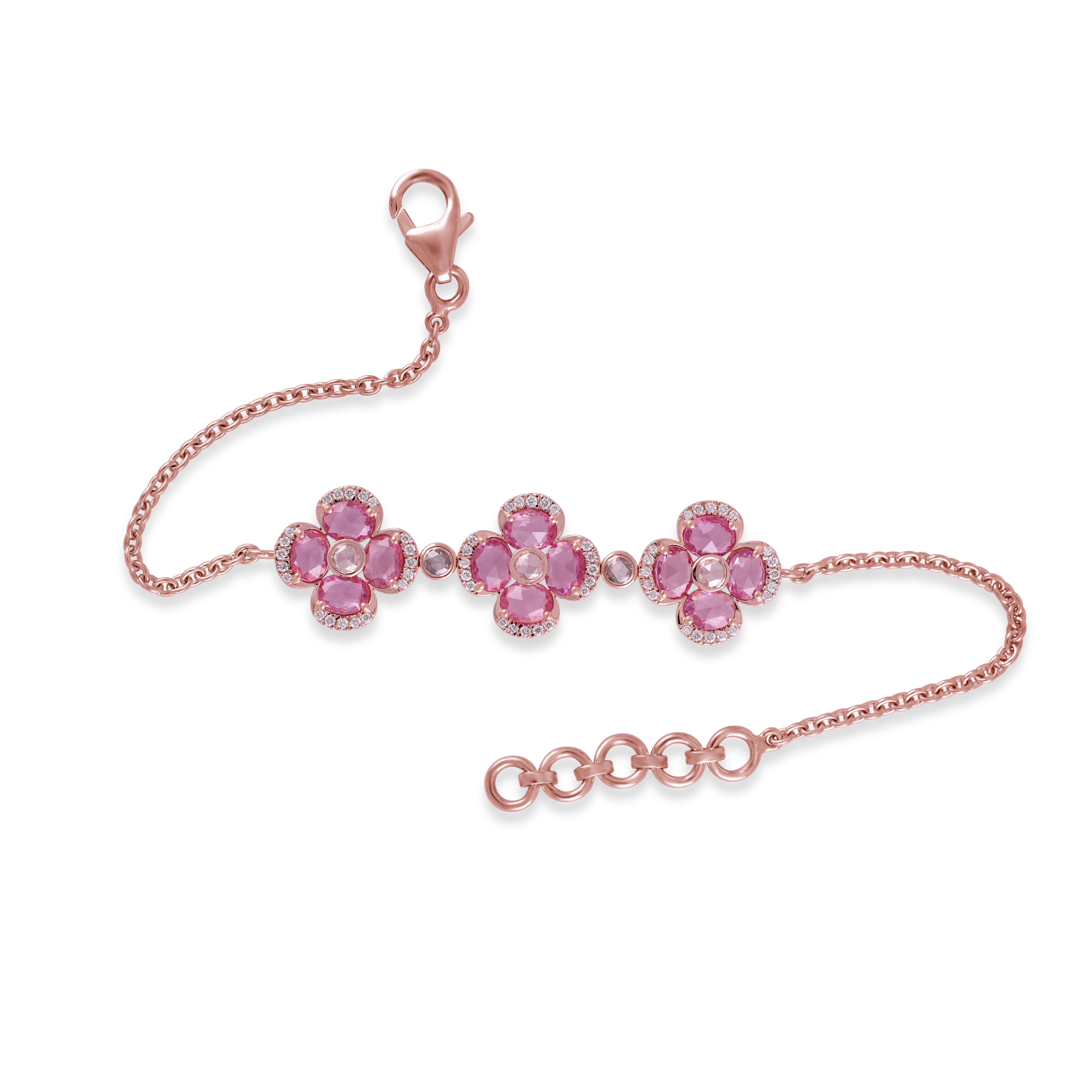 2.74 Carat Pink Sapphire
 and Diamond  Bracelet in 18K Rose Gold

This magnificent Oval shape Pink Sapphire Flower Bracelet is incredulous. The solitaire Oval-shaped Oval-cut sapphires are beautifully With Single Rose cut Diamonds & Small Diamond