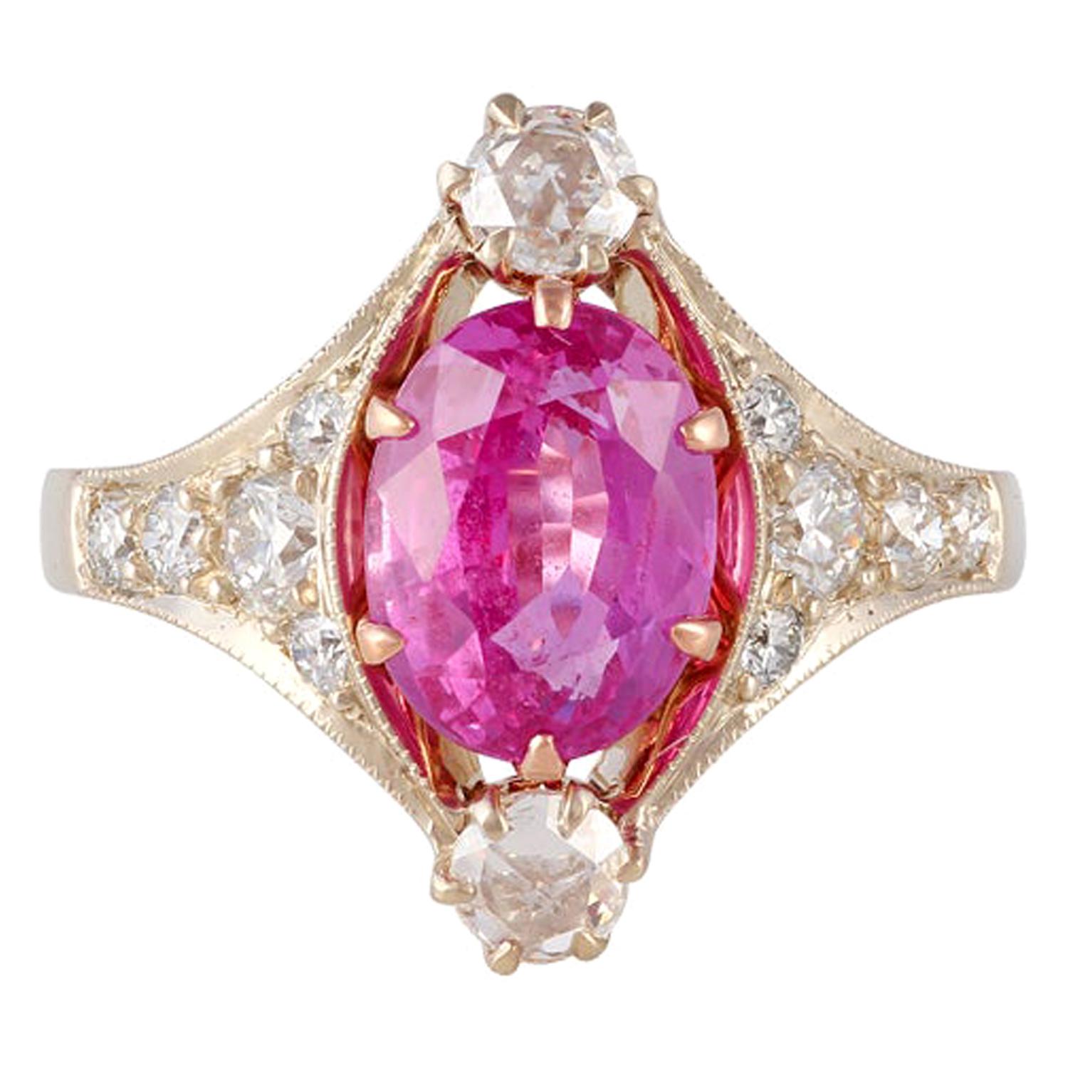 2.74 Carat Pink Sapphire and Diamond Ring Studded in Matte White Gold