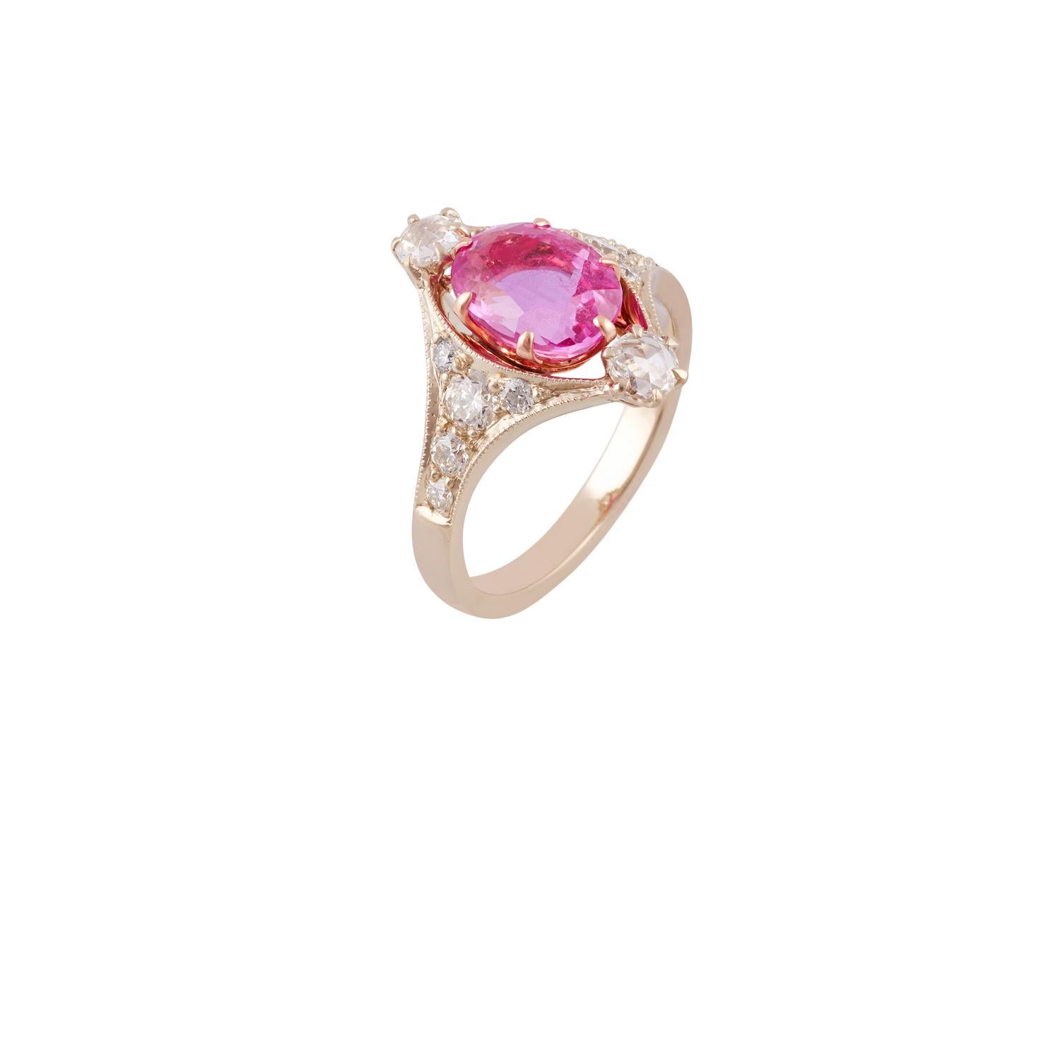 Contemporary 2.74 Carat Pink Sapphire and Diamond Ring Studded in Matte White Gold For Sale