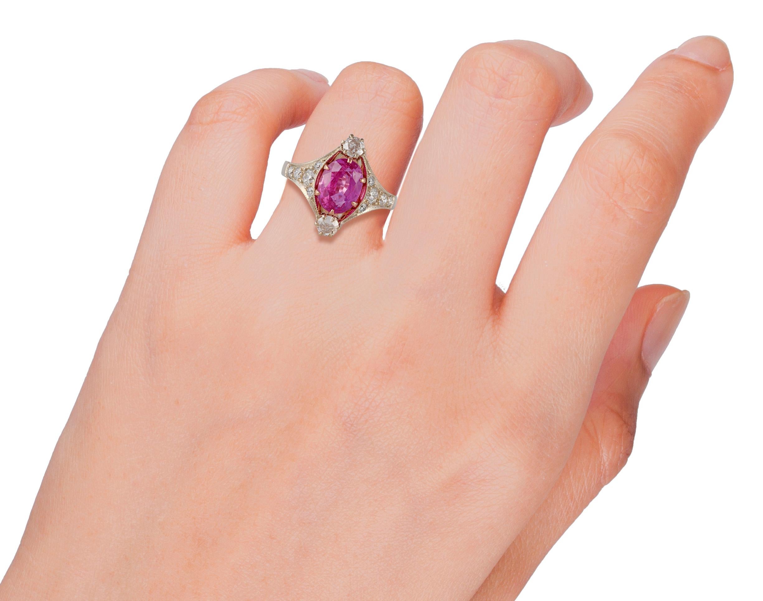 Oval Cut 2.74 Carat Pink Sapphire and Diamond Ring Studded in Matte White Gold For Sale