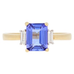 1.74 Carat Rectangle Cut Tanzanite and Diamond Ring, 18 Karat Yellow Gold