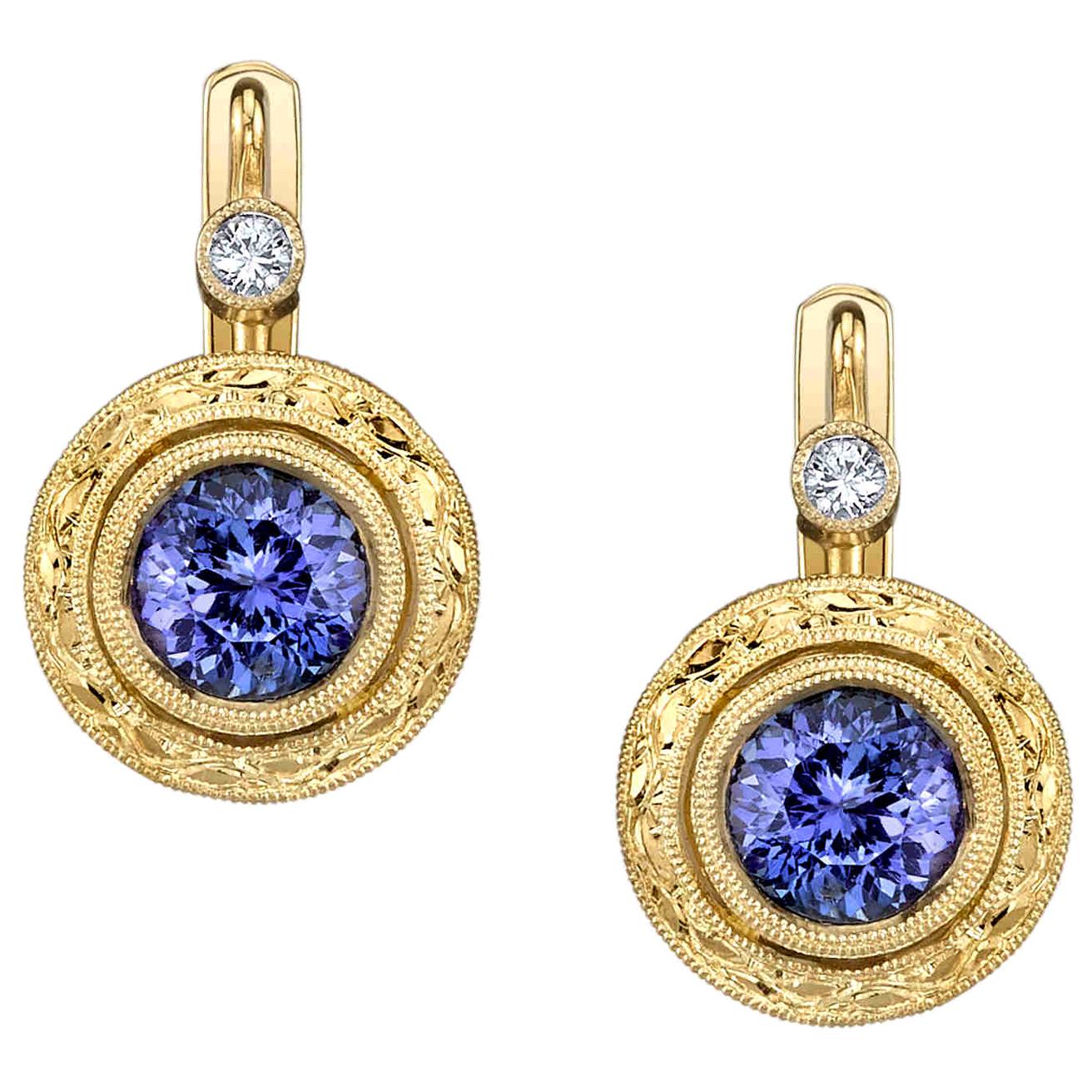 Tanzanite and Diamond Hand Engraved Drop Earrings in 18k Yellow Gold   For Sale