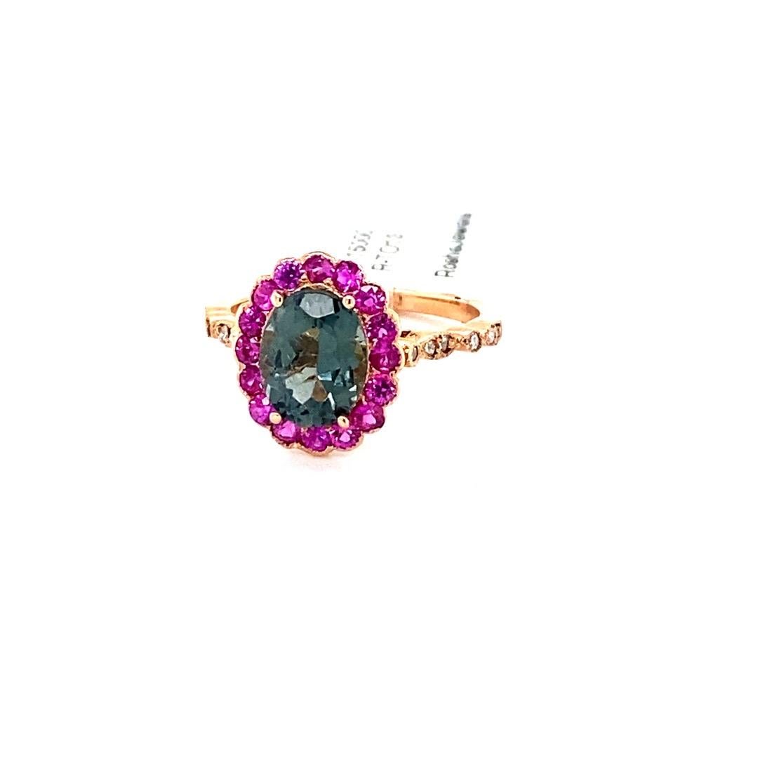 Contemporary 2.74 Carat Tourmaline Sapphire Diamond Rose Gold Cocktail Ring For Sale