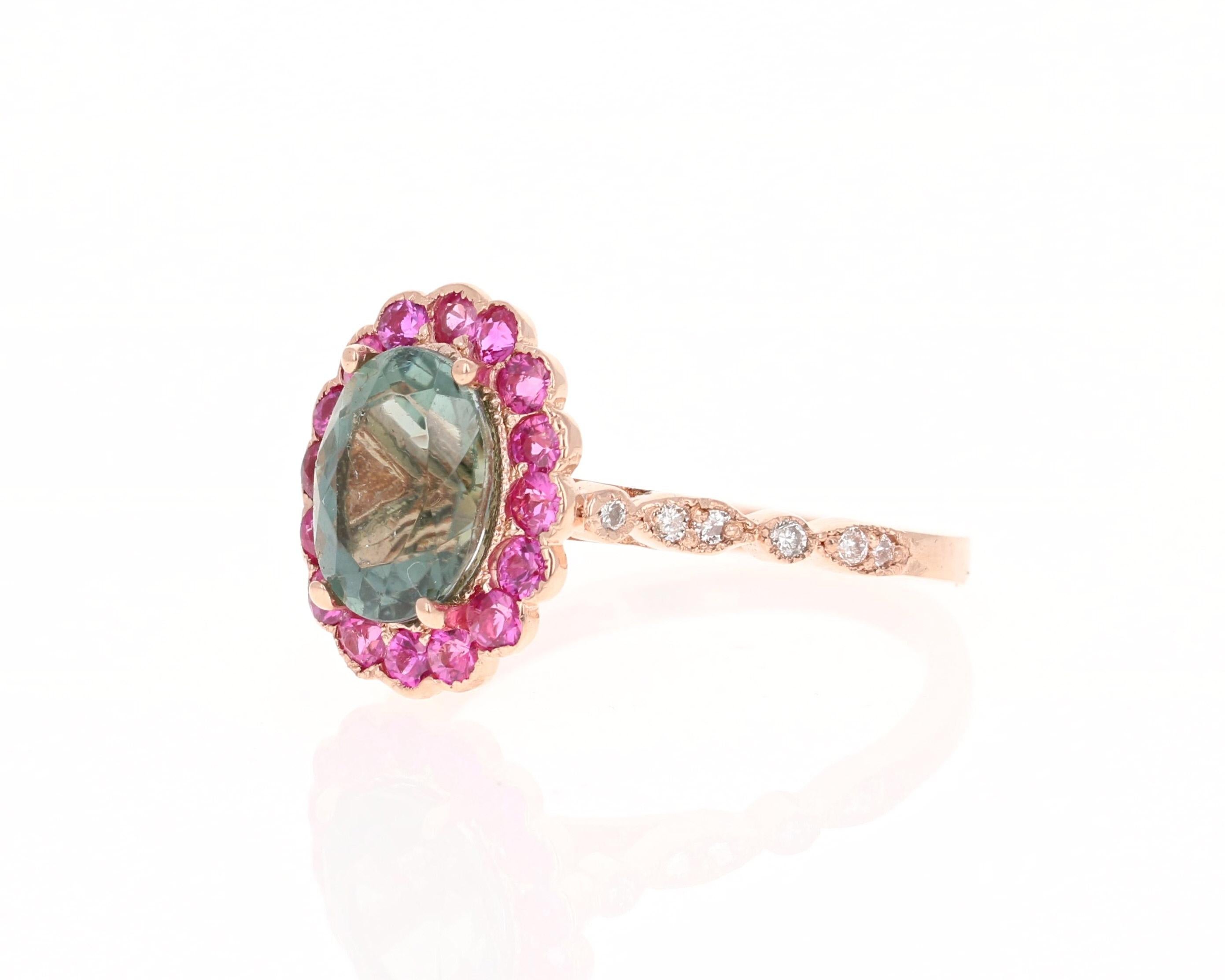 Contemporain Bague cocktail en or rose avec tourmaline, saphirs et diamants de 2,74 carats en vente