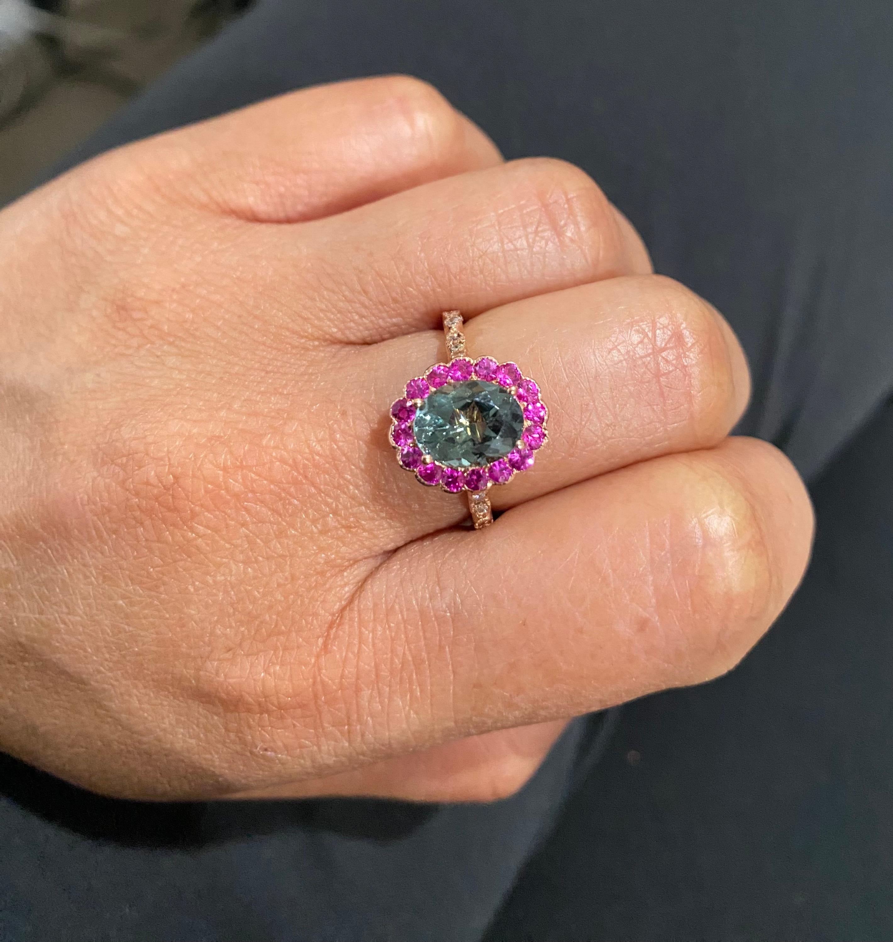 Oval Cut 2.74 Carat Tourmaline Sapphire Diamond Rose Gold Cocktail Ring For Sale