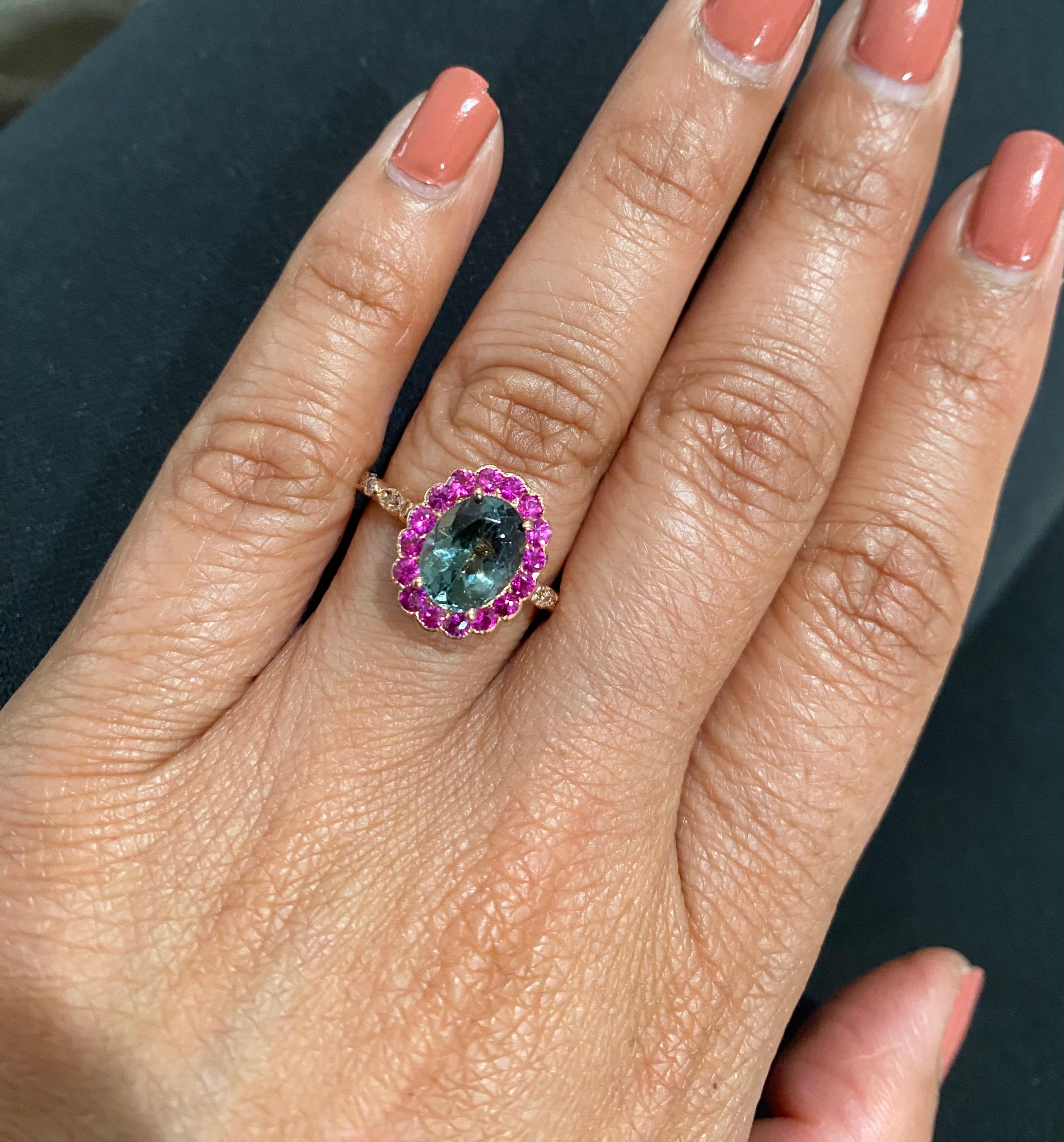 2.74 Carat Tourmaline Sapphire Diamond Rose Gold Cocktail Ring In New Condition For Sale In Los Angeles, CA