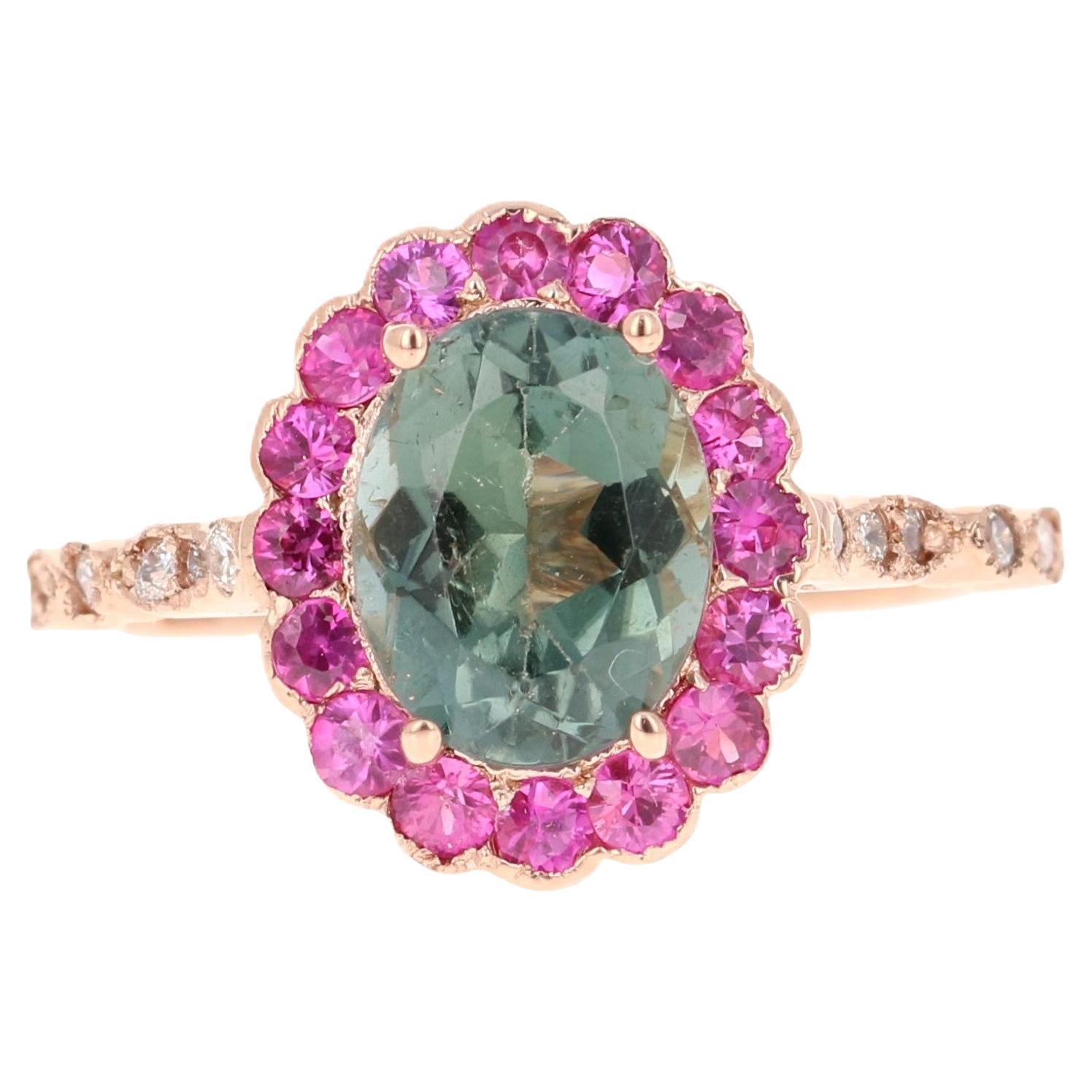 Tourmaline Sapphire Diamond Rose Gold Cocktail Ring 2.74 Carat