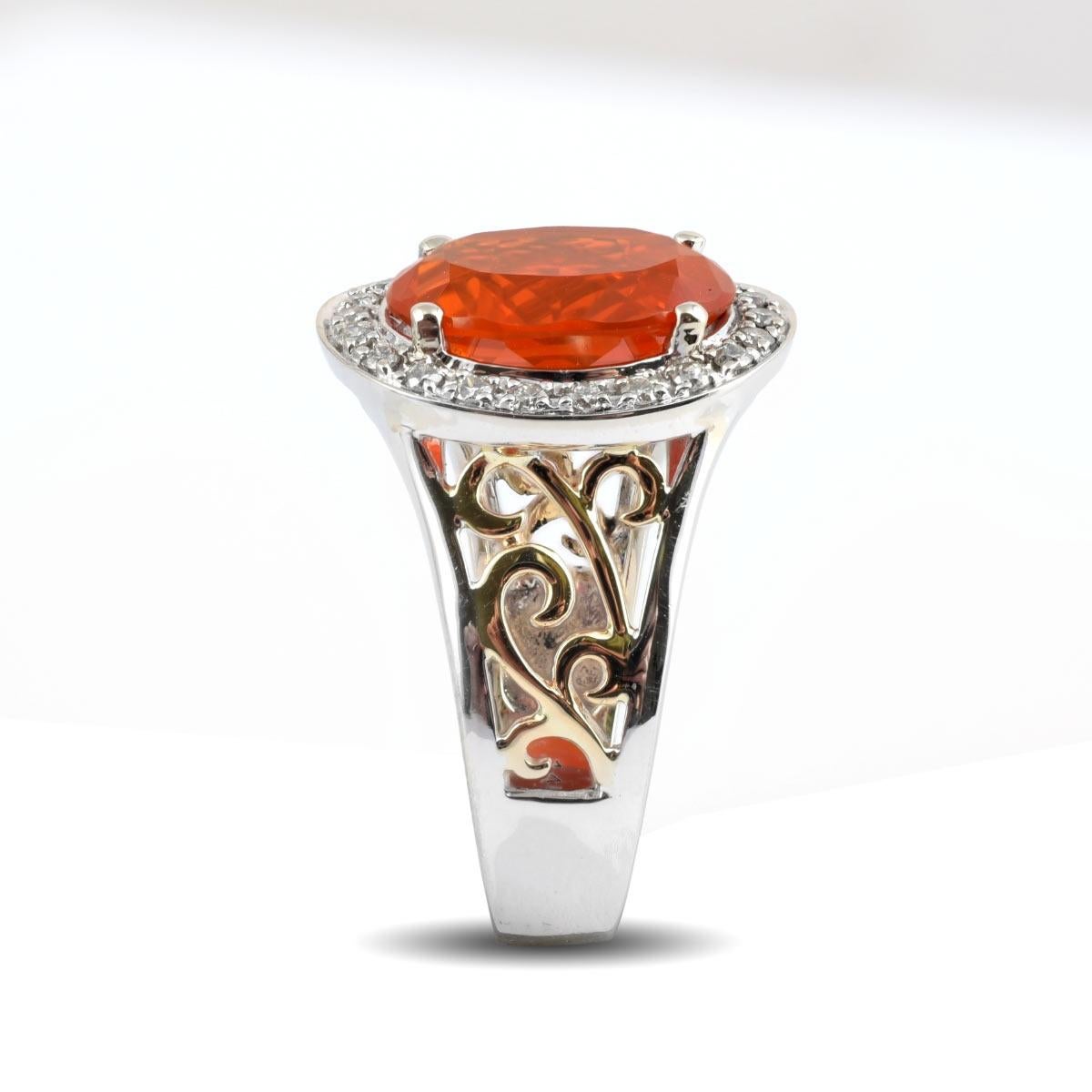 Mixed Cut 2.74 Carats Fire Opal Diamonds set in 14K White and Yellow Gold Ring For Sale