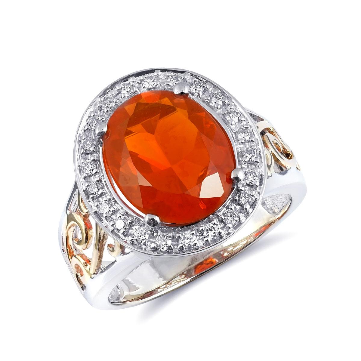 2.74 Carats Fire Opal Diamonds set in 14K White and Yellow Gold Ring In New Condition For Sale In Los Angeles, CA