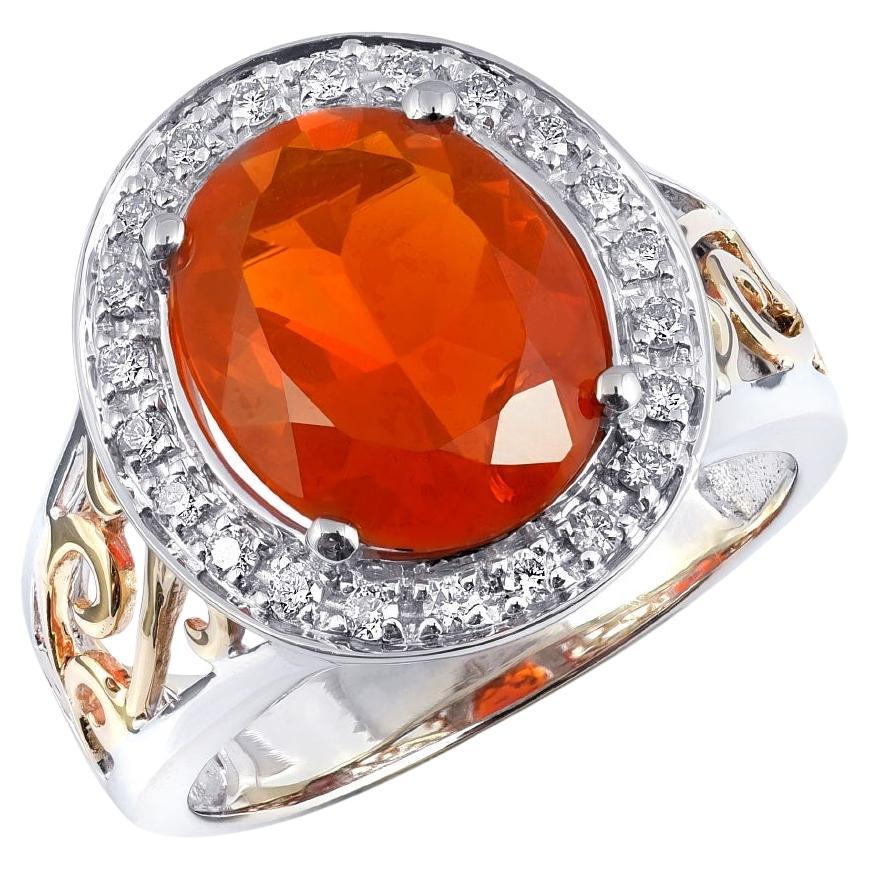 2.74 Carats Fire Opal Diamonds set in 14K White and Yellow Gold Ring For Sale