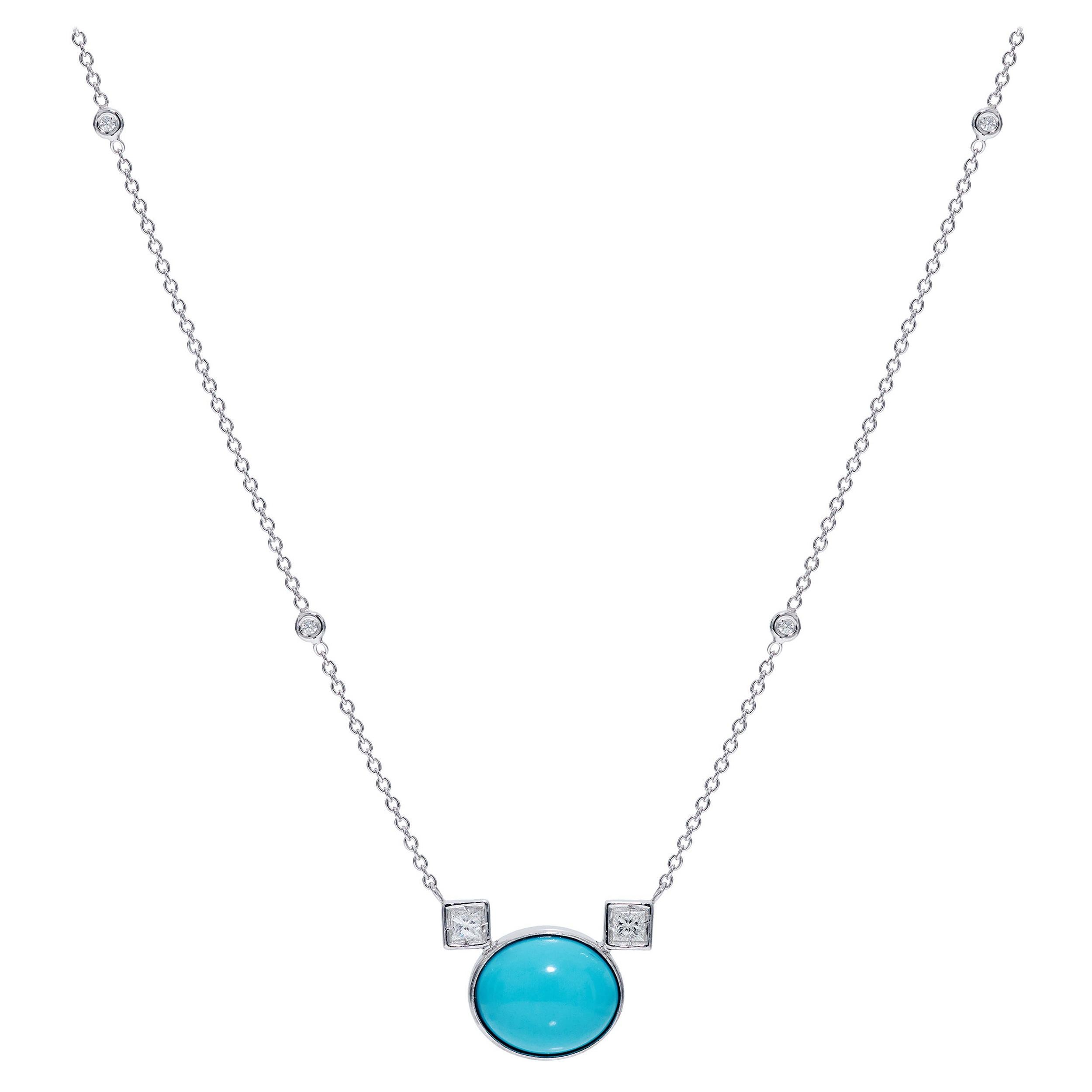 2.74 Carats Oval Cabochon Turquoise and Diamond Necklace in 18 Karat White Gold 