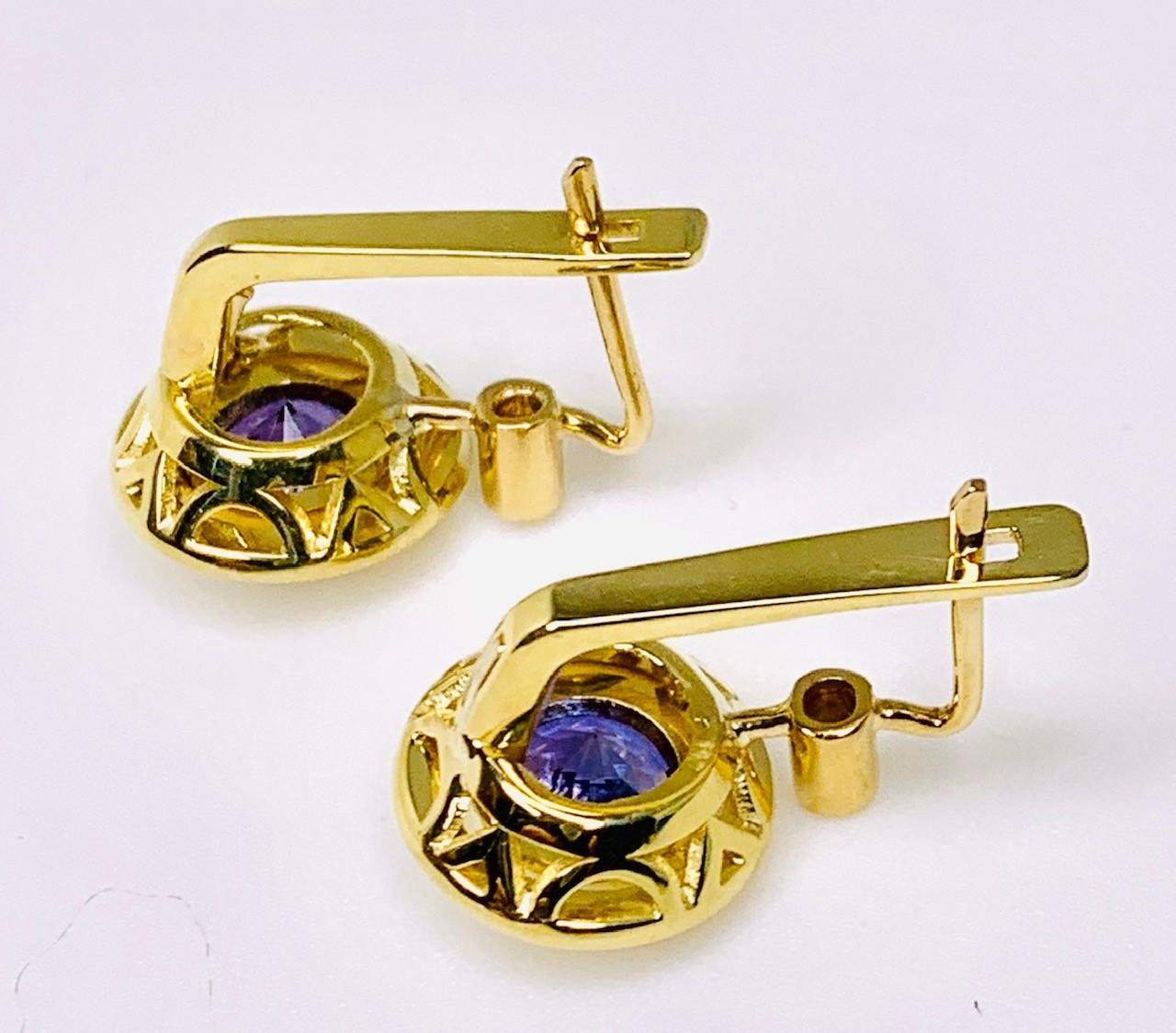Round Cut Tanzanite and Diamond Hand Engraved Drop Earrings in 18k Yellow Gold   For Sale