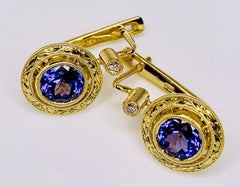 Tanzanite and Diamond Hand Engraved Drop Earrings in 18k Yellow Gold