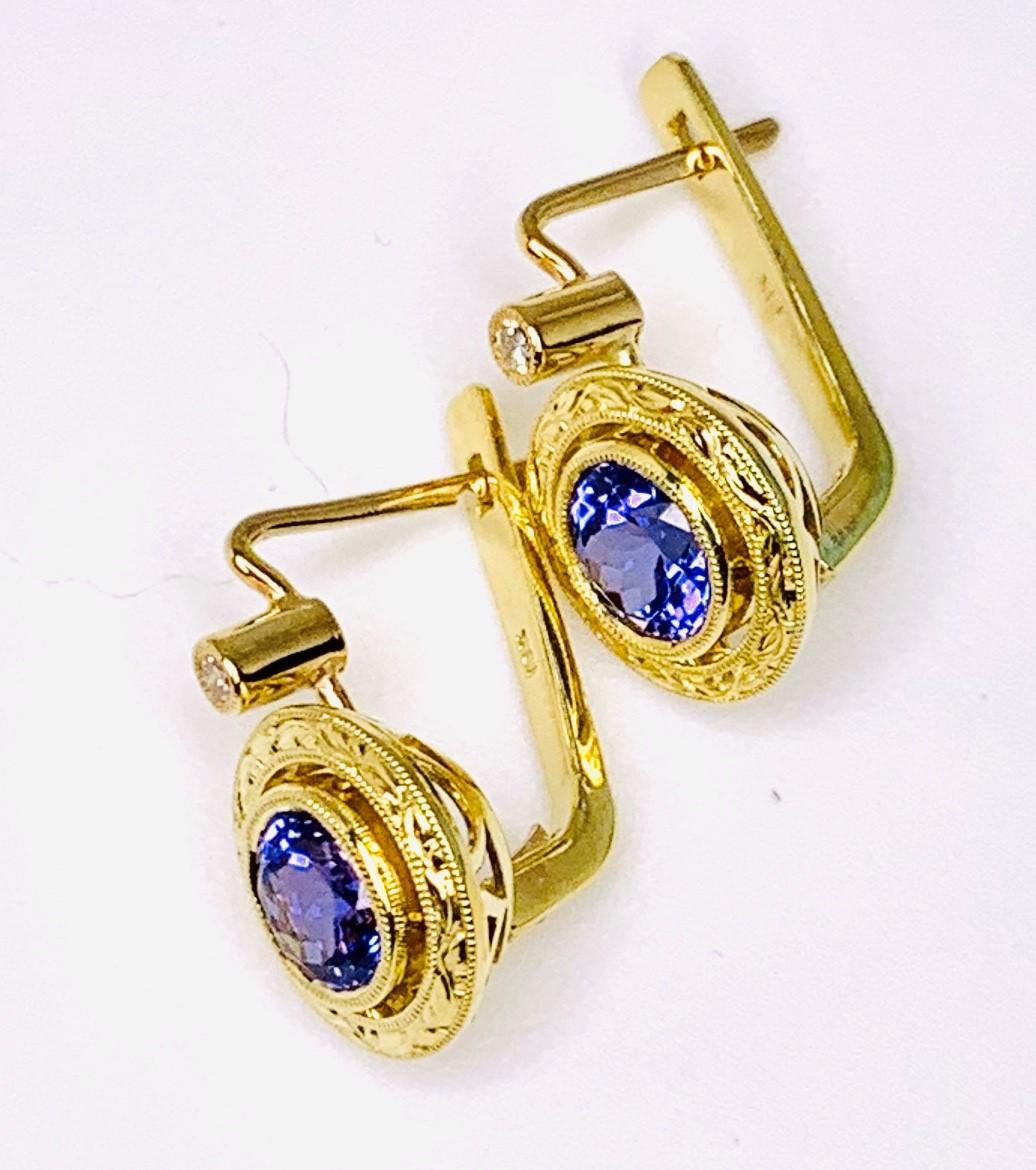 Artisan Tanzanite and Diamond Hand Engraved Drop Earrings in 18k Yellow Gold   For Sale