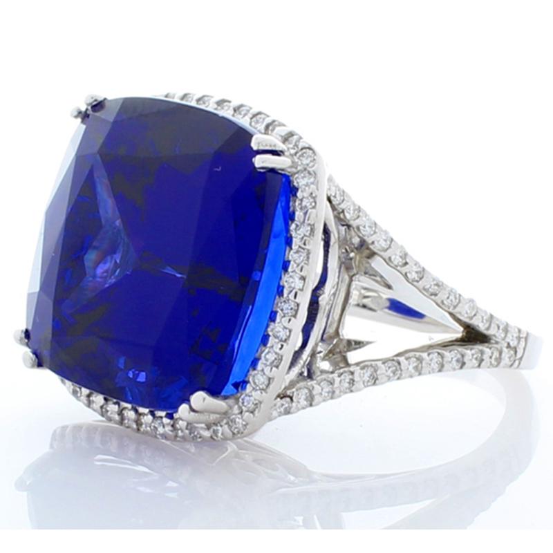 27.40 Carat Cushion Tanzanite and Diamond Cocktail Ring in White Gold In New Condition In Chicago, IL