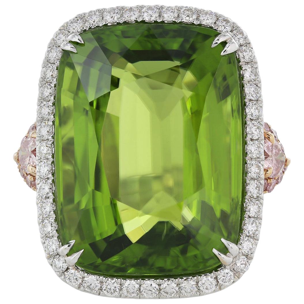 27.43 Carat Certified Peridot and Diamond Ring For Sale
